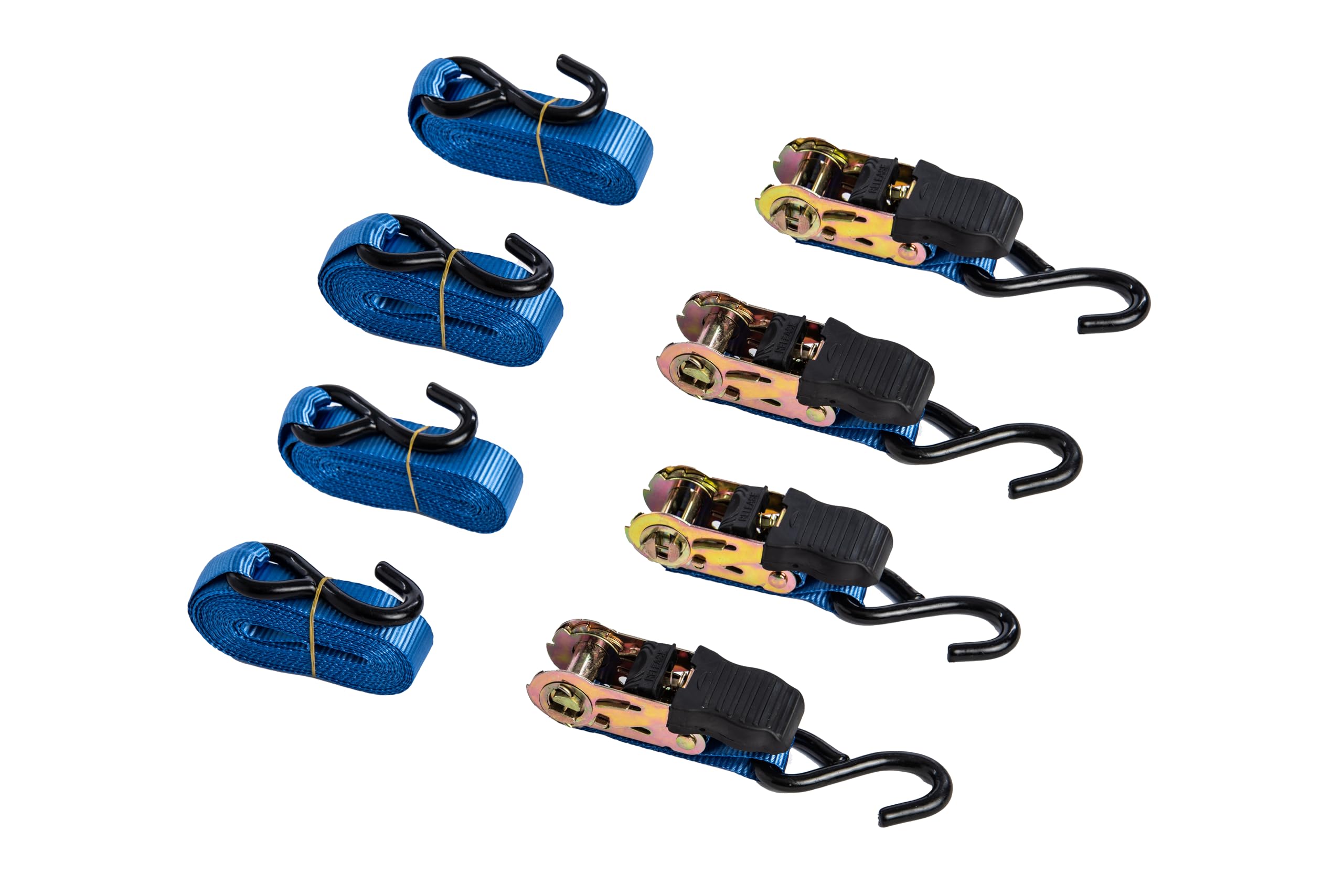 Ratchet Straps Tie Down 1,500 Lbs Break Strength, 15 Ft Heavy Duty Staps Motorcycle and Cargo on Car, Truck, Trailer - Soft Loop Straps, Car and Truck Accessories, Color Blue, Package of 4.