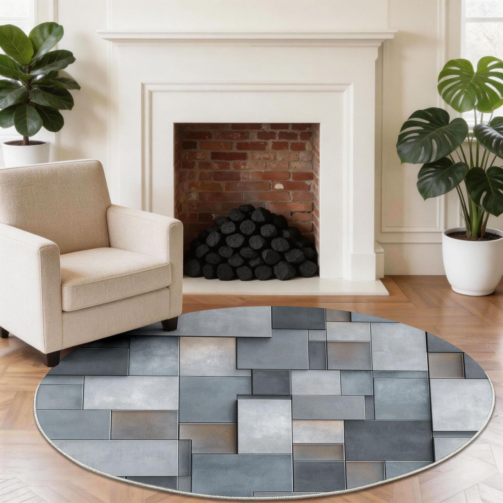 Tapis rond brique de pierre pour chambre à coucher au style gris chic