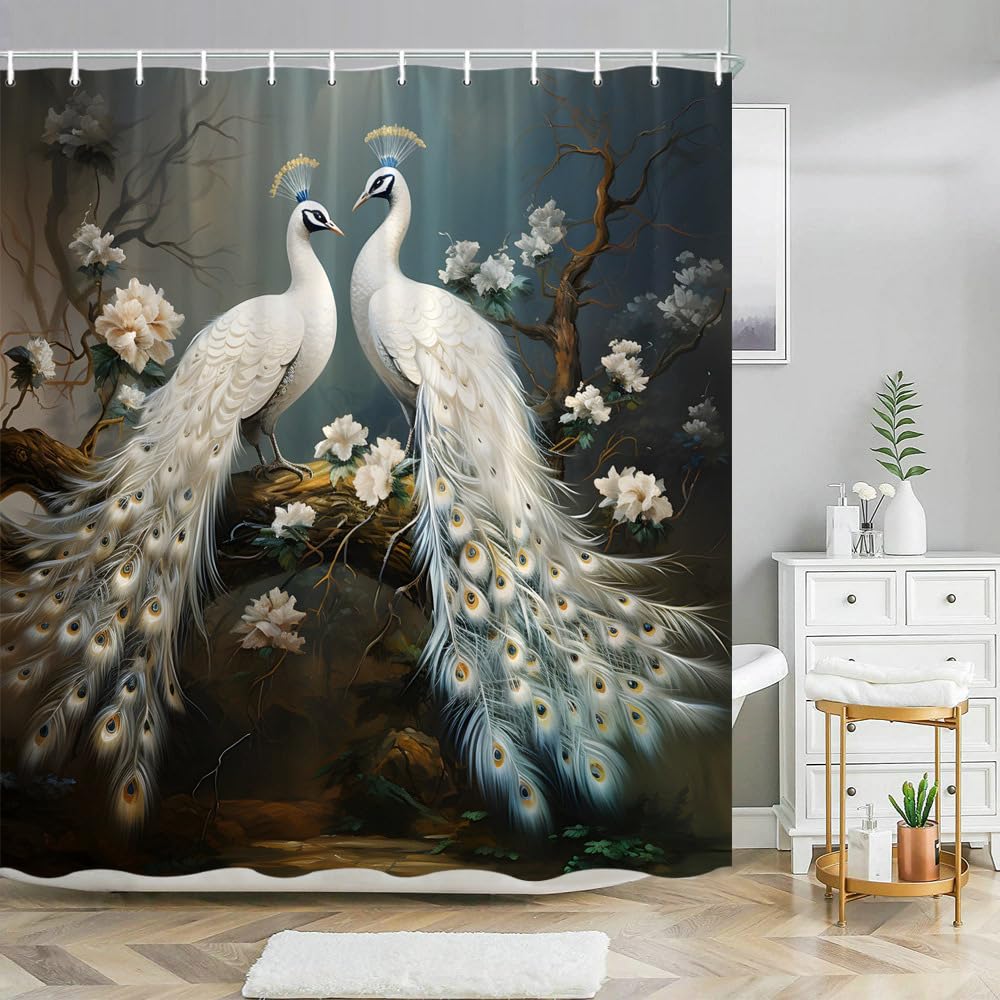 GLWDMB 1 Piece 180x200CM Elegant White Peacocks Printed Shower Curtain With Hook, Polyester, for Windows And Walls, Bathtub, Bathroom, Machine Washable, All Season Universal
