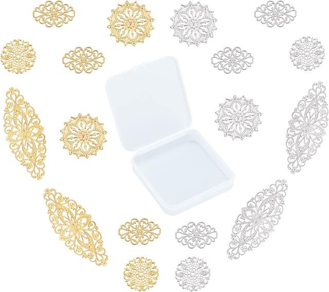 SUNNYCLUE 1 Box 32Pcs 4 Styles Filigree Connector Charms Flower Joins Links Wraps Brass Hollow Linking Pendants for DIY Jewelry Making Bracelets Necklaces Crafts Supplies, Golden Silver