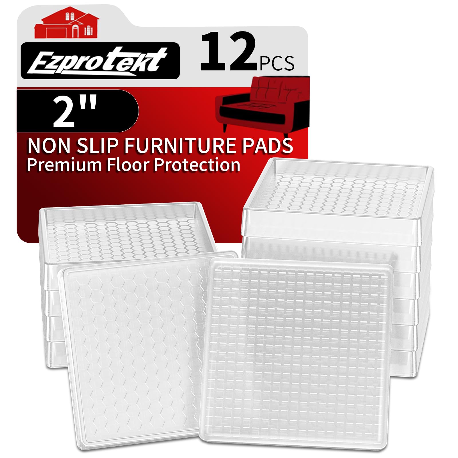 Ezprotekt Non Slip Furniture Pads, 12 Pcs 2" Rubber Caster Cups, Anti Skid Furniture Coasters for Hardwood Floors, No Slide Furniture Gripper, Floor Protector for Bed Couch Furniture Stoppers (Clear)