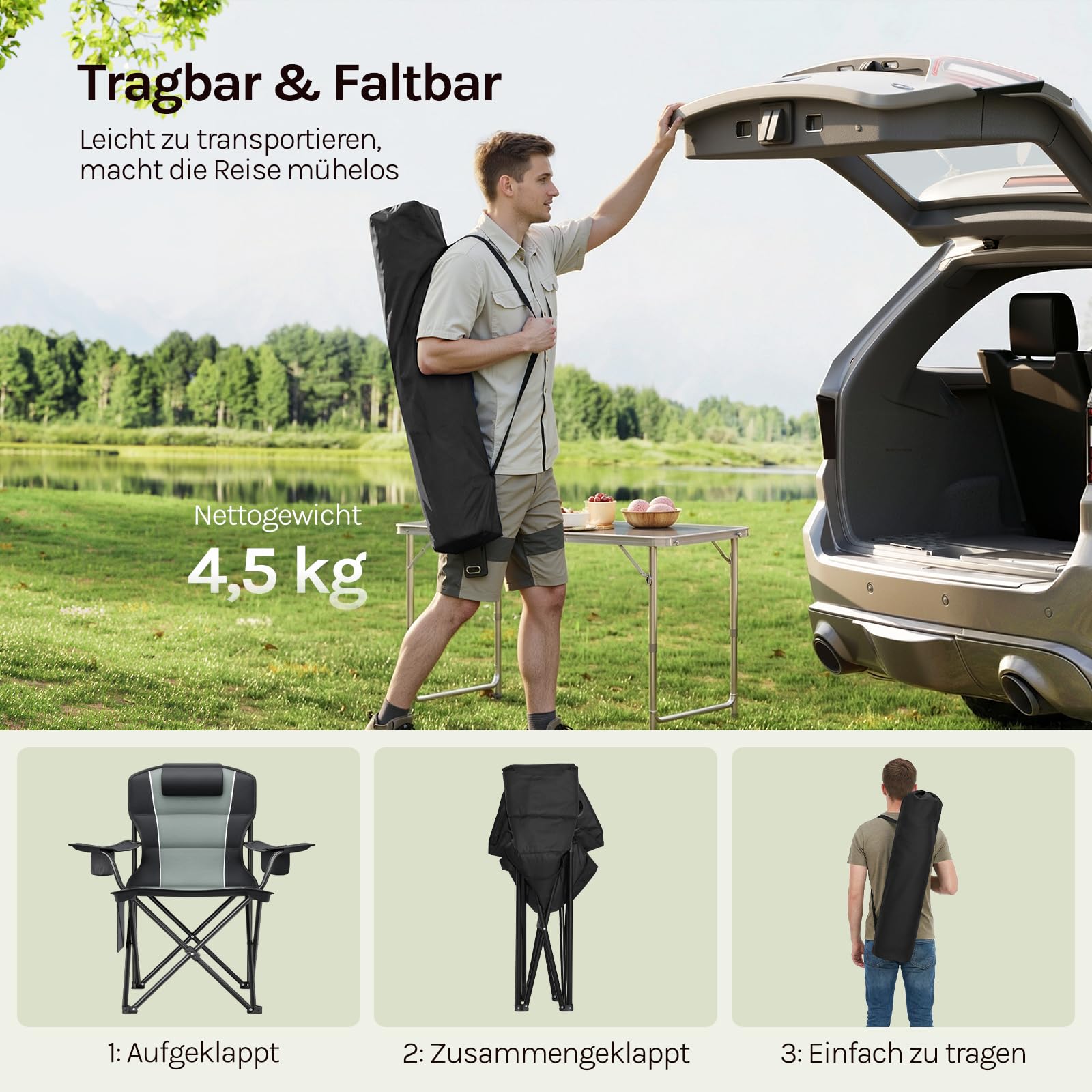 WOLTU Klappbarer Campingstuhl Hochrückig mit Kühltasche, Kopfstütze & Getränkehalter, Angelstuhl Gartenstuhl, Campingsessel bis 180kg Tragkraft, Wasserdicht 600D Oxford