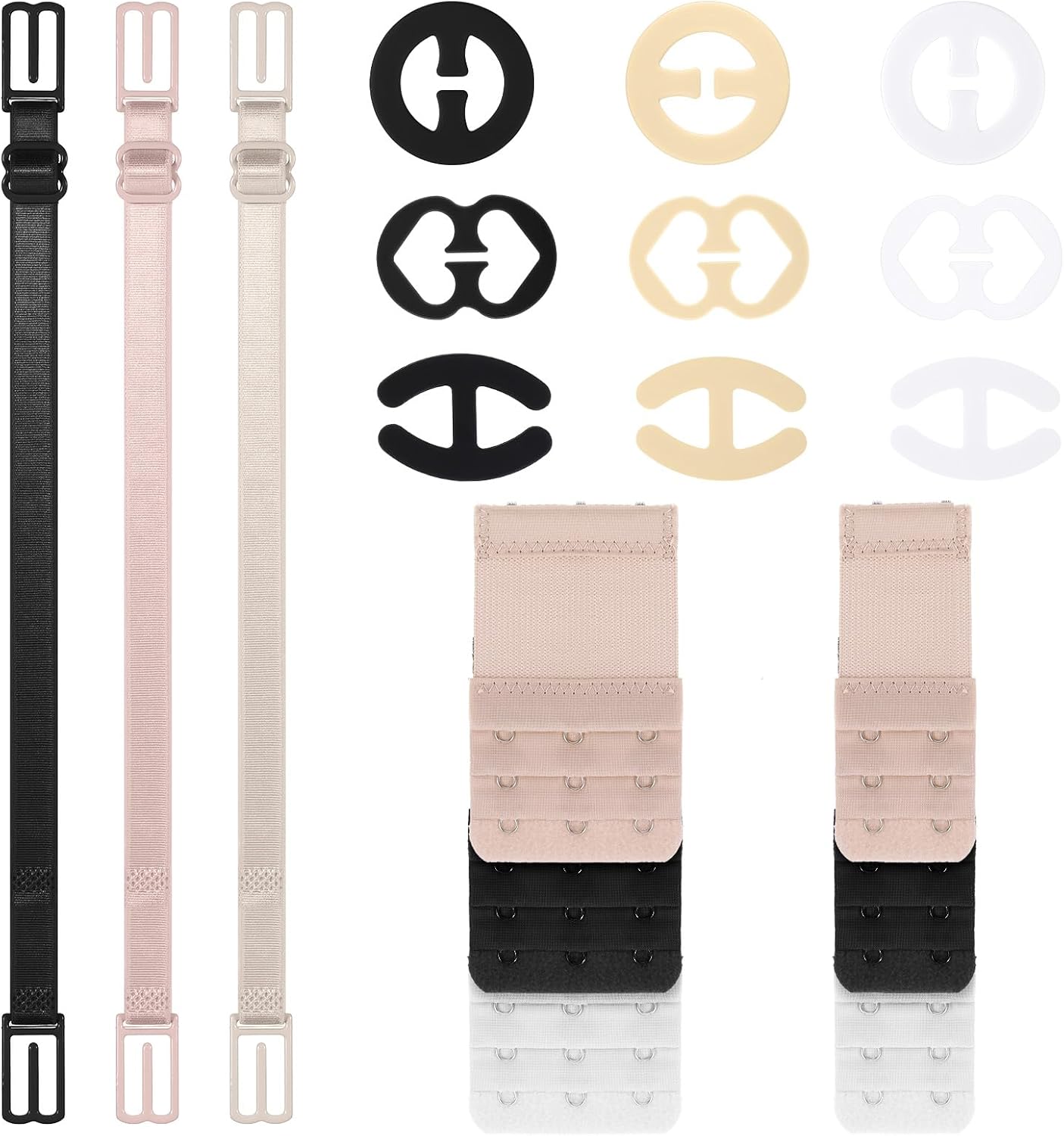 Ouligay 18 PCS Adjustable Bra Strap Clips Holders Anti-Slip Bras Strap Holders for Slipping, Elastic Bra Extender 2 Hook / 3 Hook, Back Conceal Buckles for Bras Accessories (Black, White, Nude)
