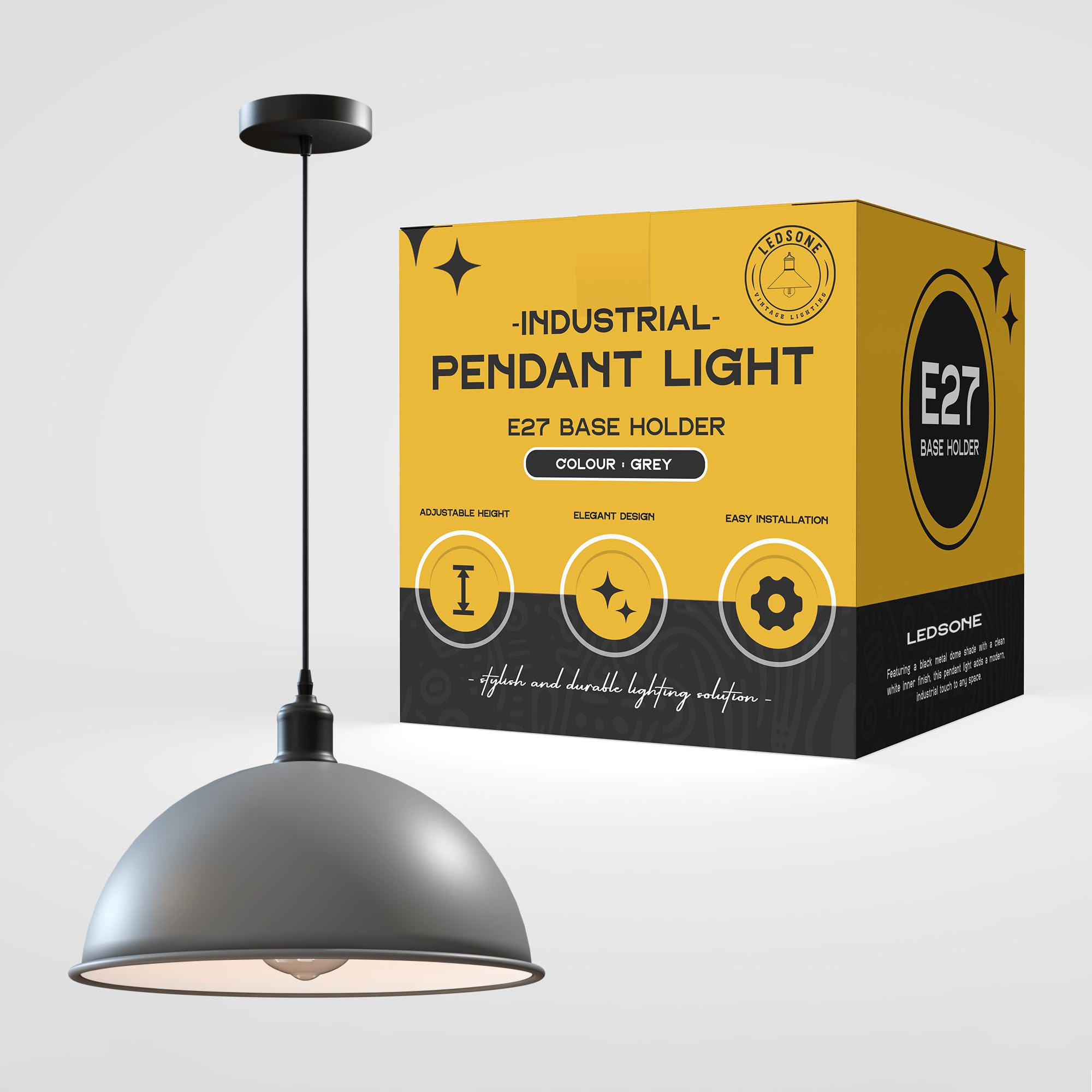 LEDSone E27 Ceiling Pendant Light Fixtures 40cm Metal Grey Dome Shades Retro Industrial Hanging Lamp for Living Room Bedroom Kitchen Restaurant Loft Coffee Bar โ image 1