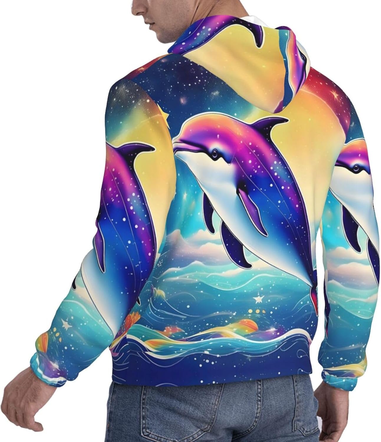 Colorful Starry Sky Ocean Dolphin print Men's novelty hoodie print sweatshirt for casual pullovers for both men and women Black