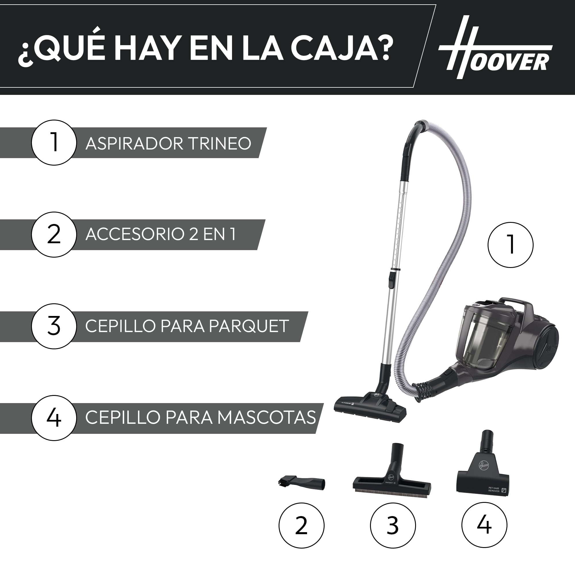 Hoover HP1 Aspiradora Compacta Potente para Suelos Duros, Delicados y Alfombras, Boquillas para Parquet y Mascotas, Filtro de Polvo EPA, Capacidad 2L, Accesorios Integrados, Radio de 8,2m [HP120PET]