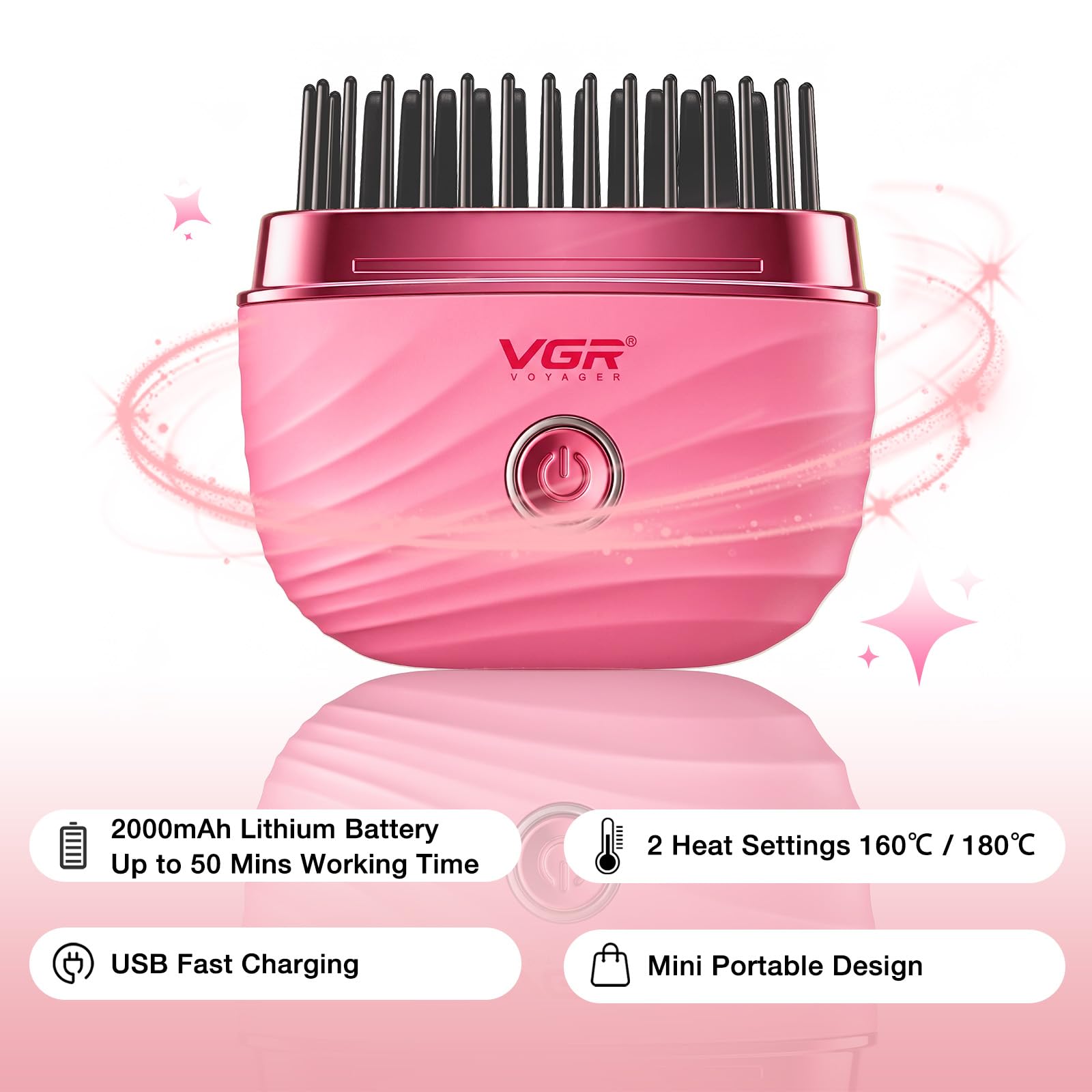 VGR 587 Spazzola Lisciante Senza Fili, Mini Spazzola Per Stiratura Capelli Con 2 Temperature Fino A 180°C, Ricarica USB, Denti Anti Scottatura, Con Borsa Per Il Trasporto Per Viaggi E Casa, Rosa