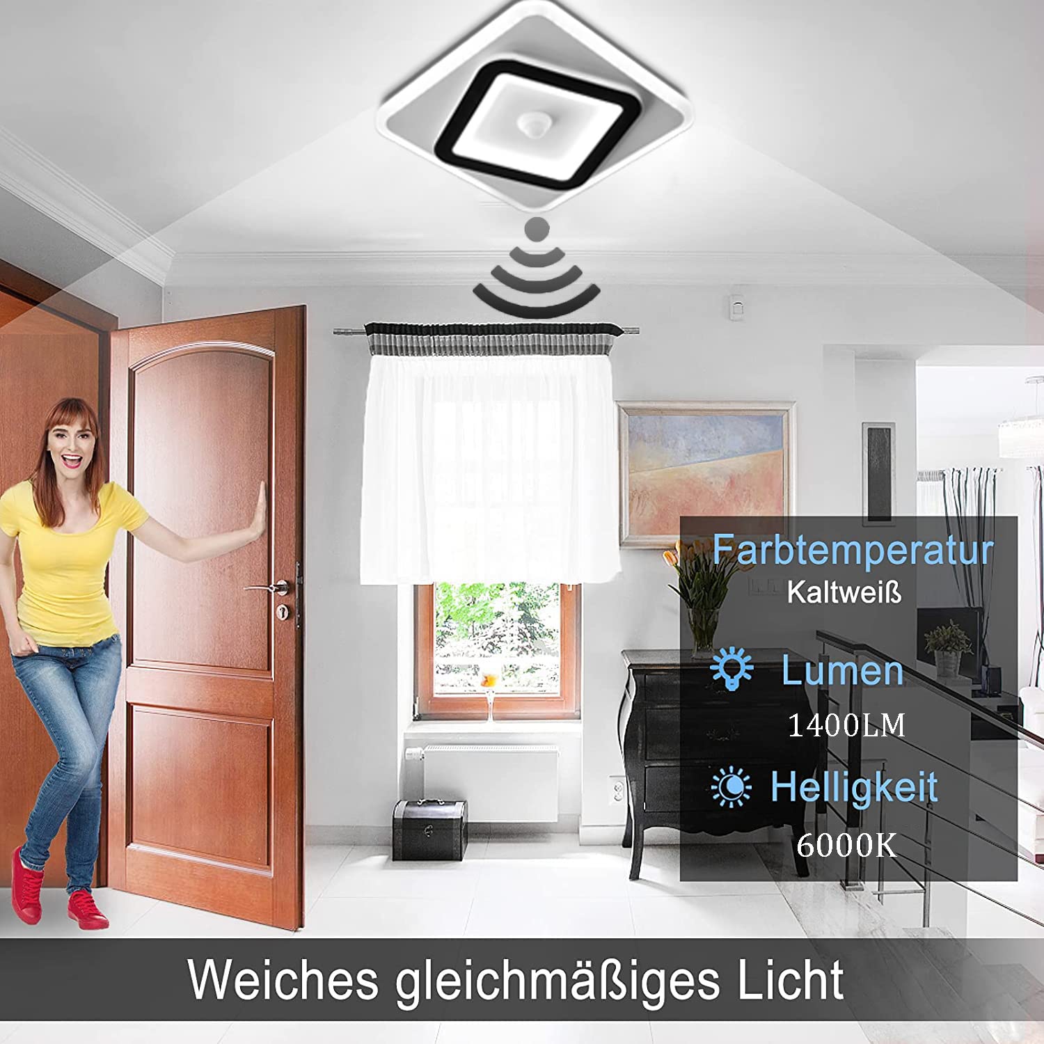Plafón LED con detector de movimiento interior 30W pasillos recibidor balcón entrada escalera plafón lámpara con sensor ultrafino 6000K Luz blanca fria sensor de luz iluminación de techo Ø22cm