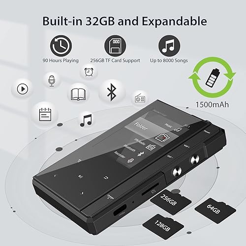 Miniatura 5 de Reproductor MP3 de 32 GB con Bluetooth 50 reproductor de audio de música Phinistec Z6 con altavoz cuerpo de metal y parte trasera de cristal radio