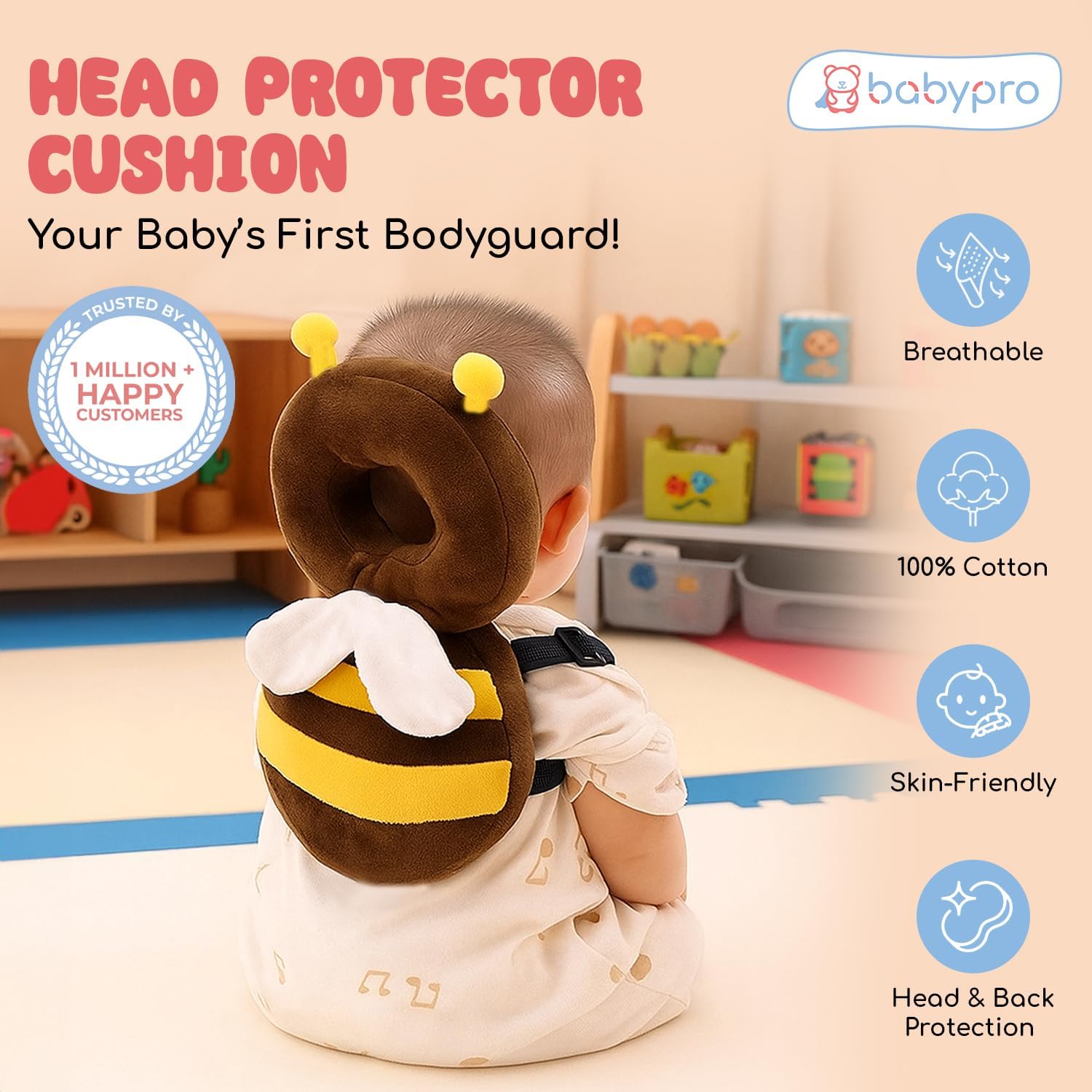 BabyPro Bee-Shaped Head Protector for Toddlers Back Protection
