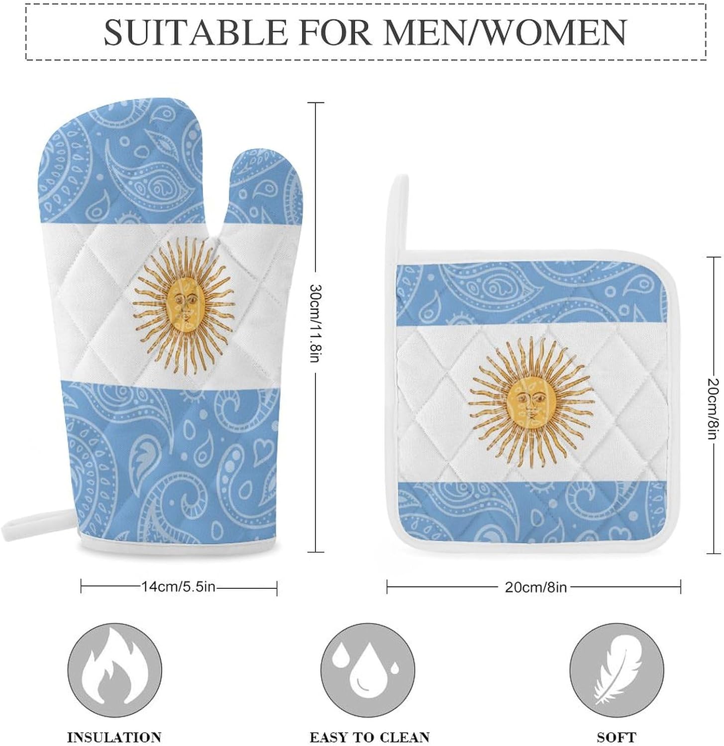 Paisley Argentina Flag Print Oven Mitts and Pot Holders 3 Piece Sets Heat Resistant Gloves Hot Pads Potholders for Kitchen Baking Cooking