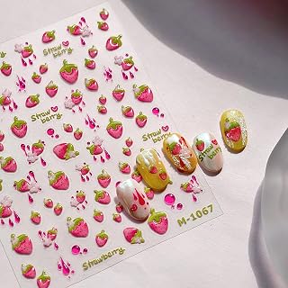 1 Sheets 5D Strawberry Nail Stickers for Nail Art Self-Adhesive Embossed Nail Art Stickers Cute Pink Strawberry Nail Decals Fruit Nail Design for Women Summer Nails Decoration Supplies