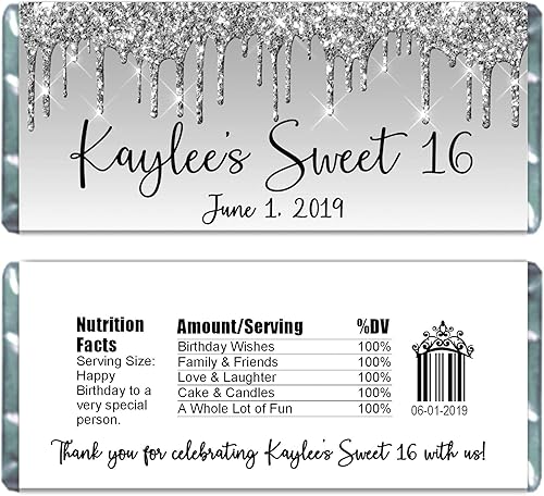 Glitter Drip Personalized Candy Bar Wrappers, Birthday Party Favors, Chocolate Bar Labels for Baby Shower, Bridal Shower, Pack of 20 (Silver)