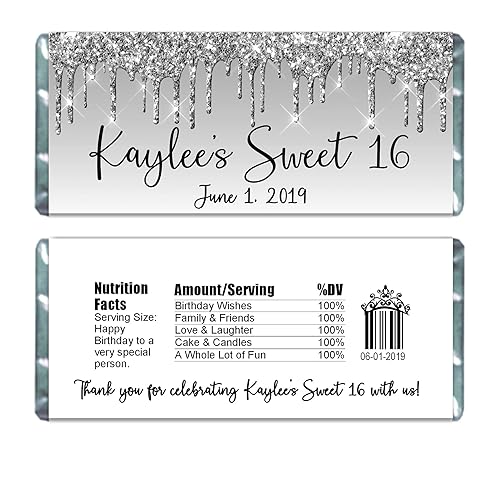 Glitter Drip Personalized Candy Bar Wrappers, Birthday Party Favors, Chocolate Bar Labels for Baby Shower, Bridal Shower, Pack of 20 (Silver)