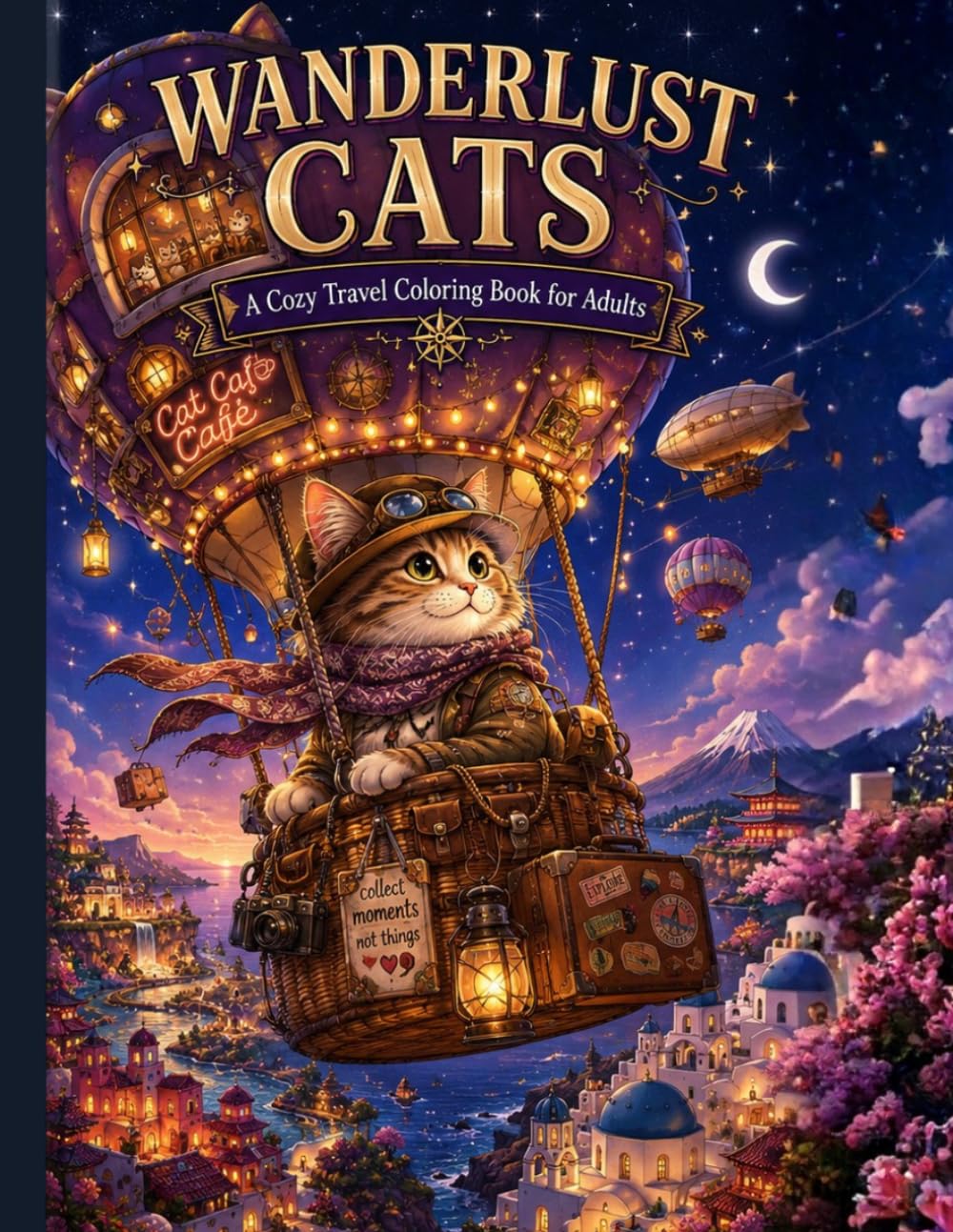 Wanderlust Cats: A Cozy Travel Coloring Book for Adults