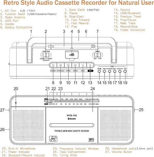 Miniatura 7 de Reproductor de cassette Boombox, radio AMFM portátil estéreo con Bluetooth, USB, altavoz grande doble, conector para auriculares, grabación a