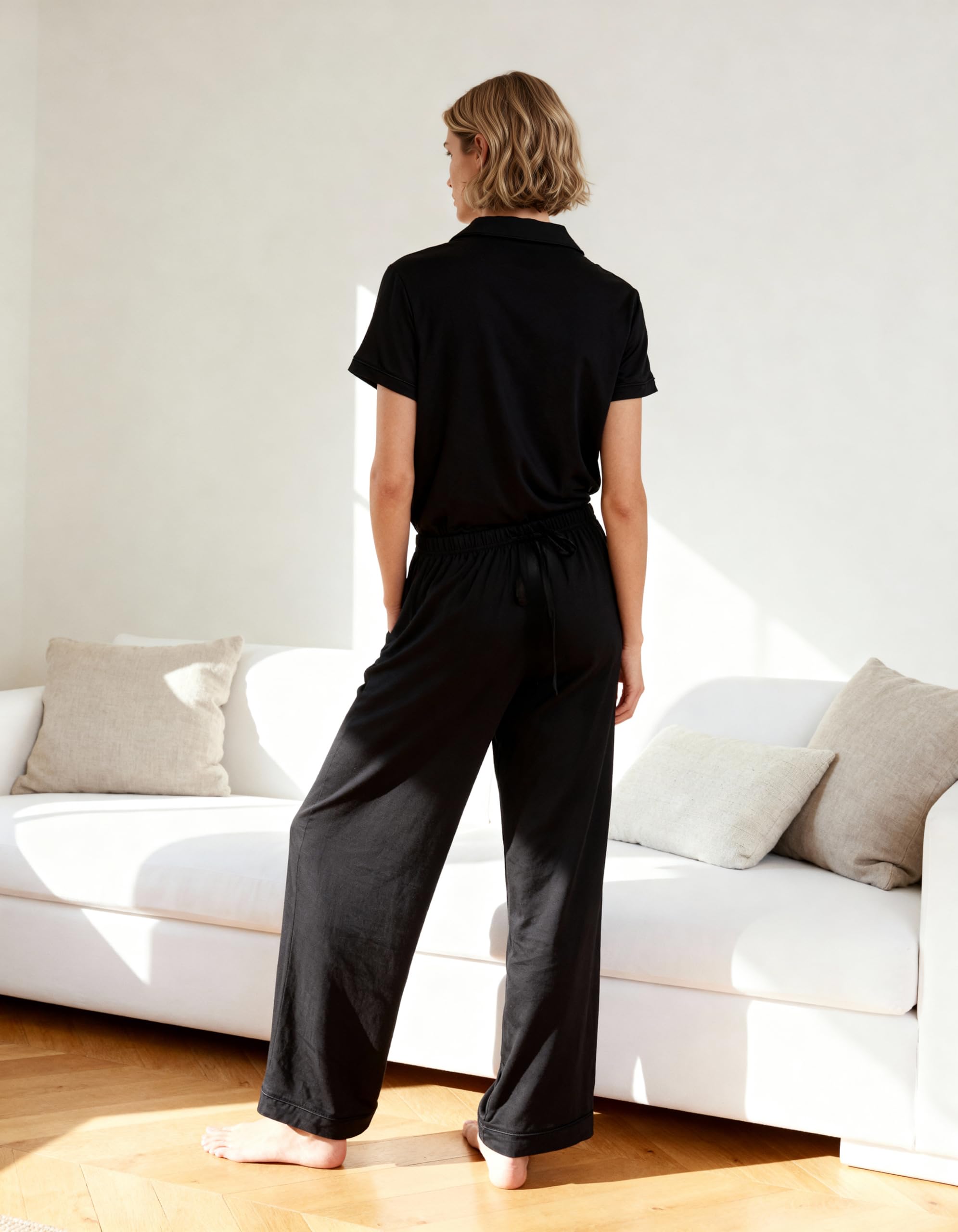 Rachel Zoe Button Up Pajamas for Women Sets, Jersey Soft PJs with Button Down PJ Top and Long Pajama Pants (Black, Large)