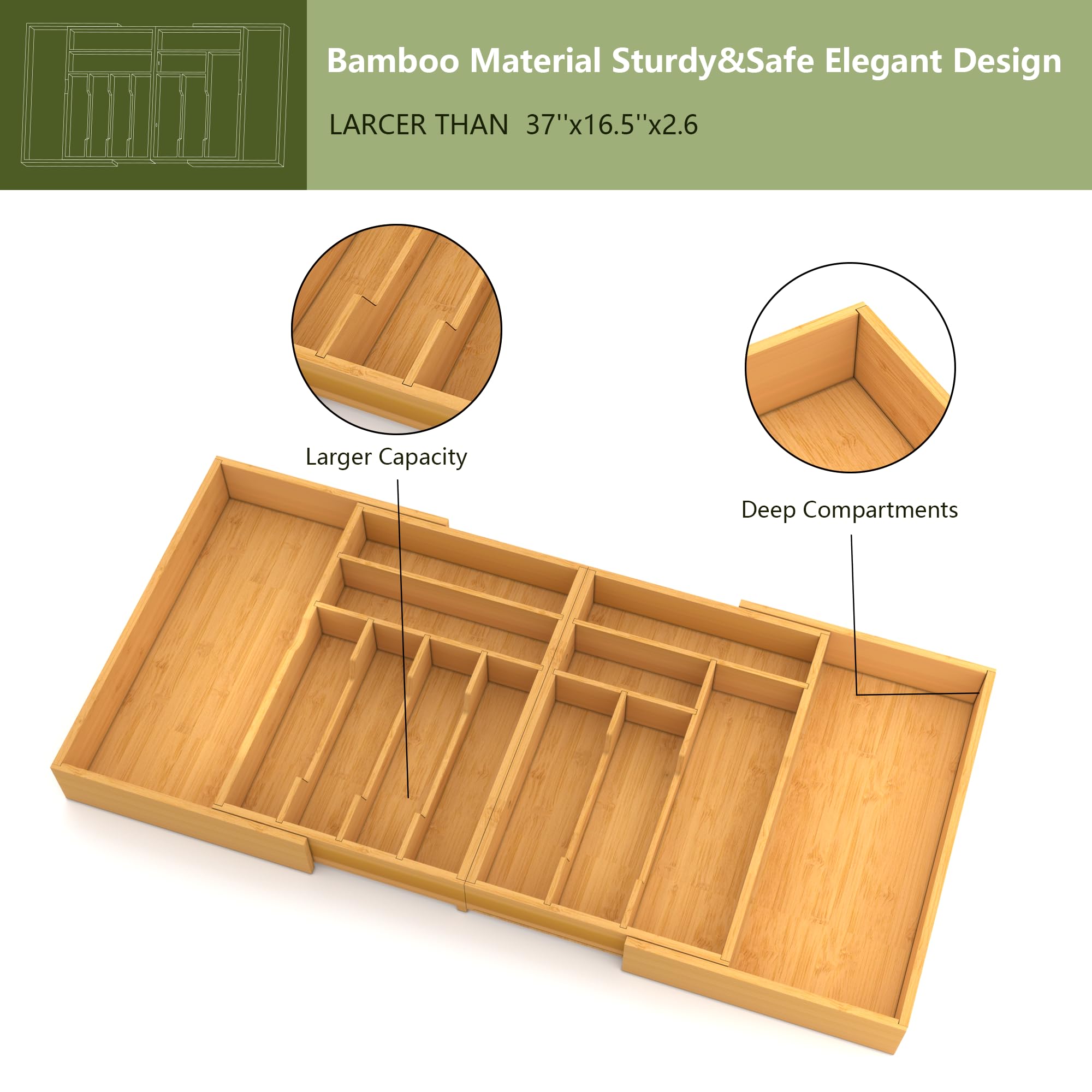 Suli Grand Range Couverts Extensible de 53,3 jusqu'à 91,4cm de Large | Range-Ustensiles de Cuisine Ajustable, Rangement pour Cuillères, Fourchettes et Couteaux,Organisateur en Bambou pour Couverts
