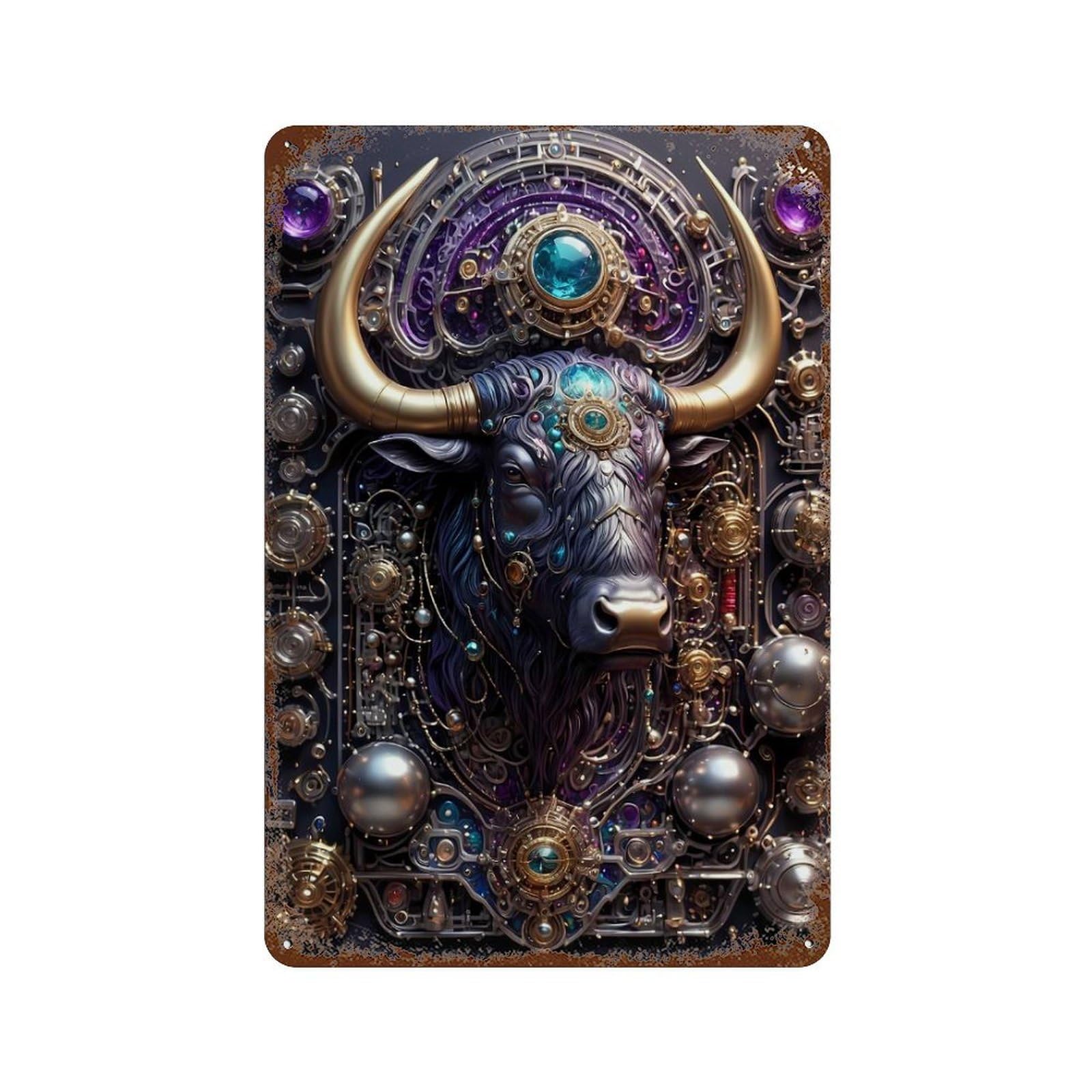 Retro Metal Sign with Steampunk Bull Portrait Design 11.8"x7.9", for Shed, Workshop And Garage Wall Decor, Old School Wall Decor