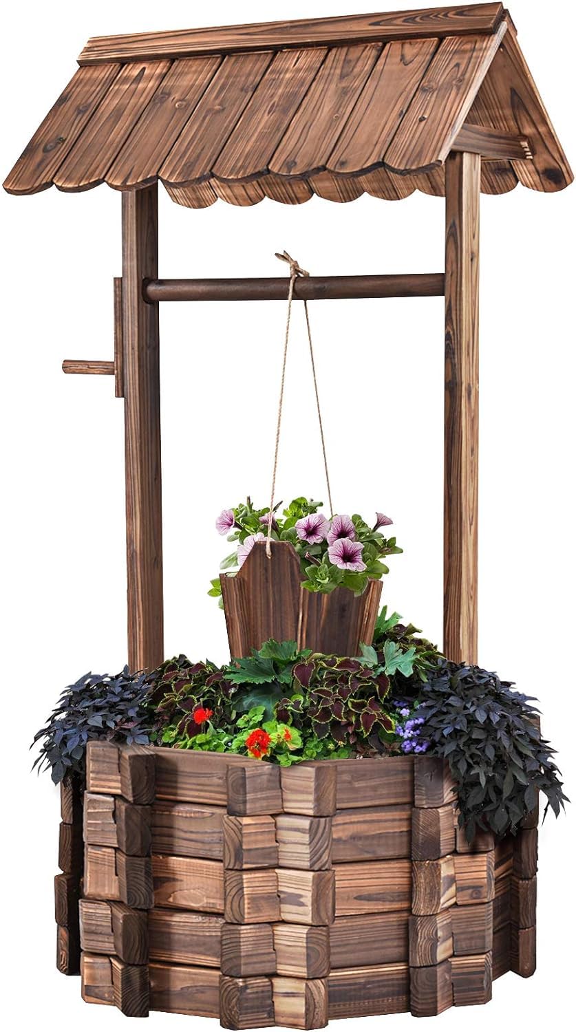 GOPLUS Pozo de Madera Decorativo, Jardinera de Exterior con Techo Clásico, Fuente Decorativa con Cubo Colgante y Amplio Lecho de Plantación