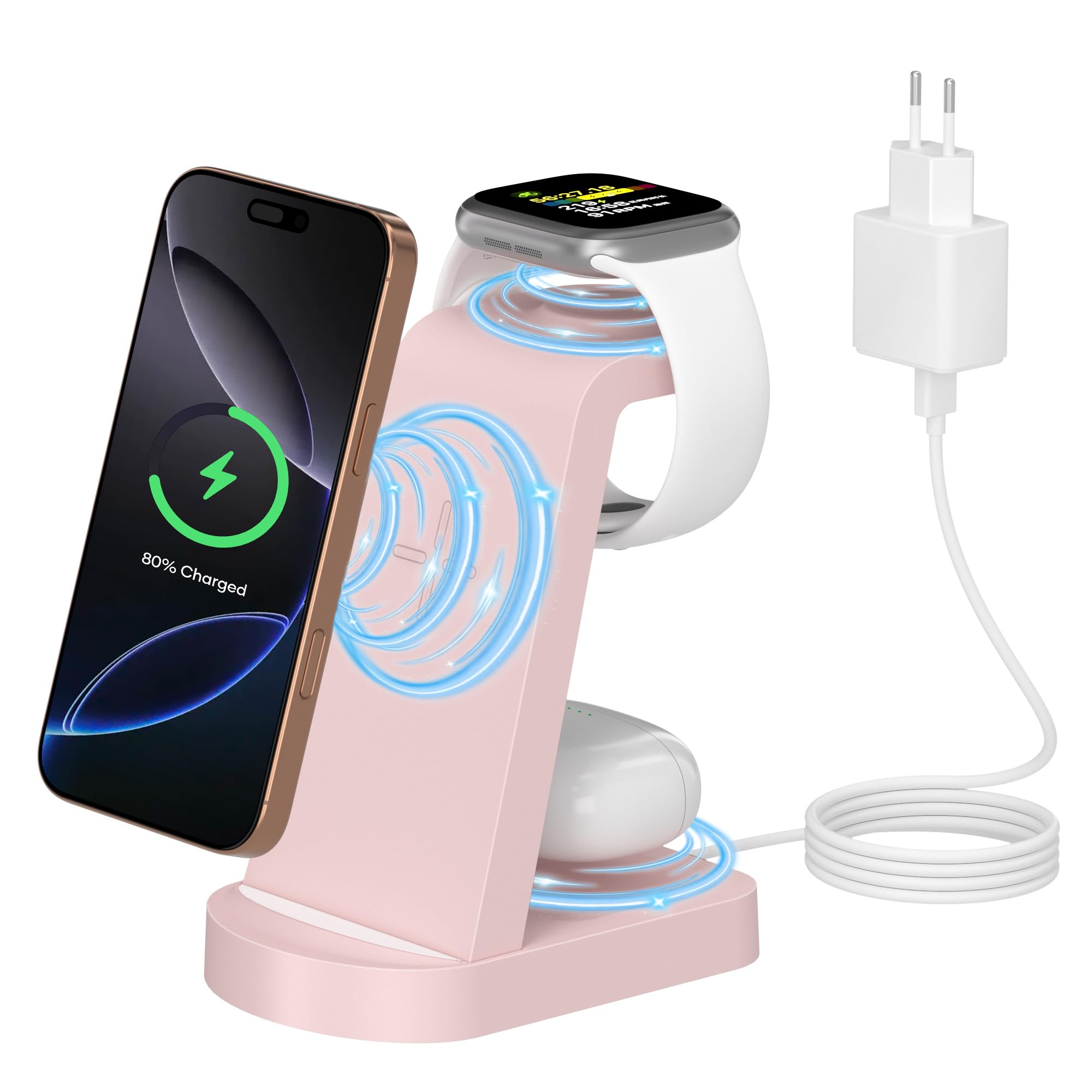 Caricatore Wireless,3 in 1 stazione di ricarica,stazione ricarica caricabatterie wireless compatibile con iPhone 16/15/14/13/12 Pro/Pro Max,Apple Watch Ultra/10/9/8/7/6/5/4/SE AirPods Pro rosa