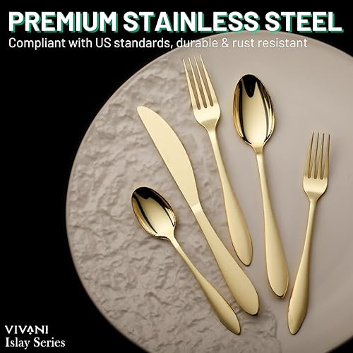 Miniatura 3 de VIVANI - Juego de cubiertos de acero inoxidable de alta calidad para 4, apto para lavavajillas, juego de cubiertos de oro superior, incluye