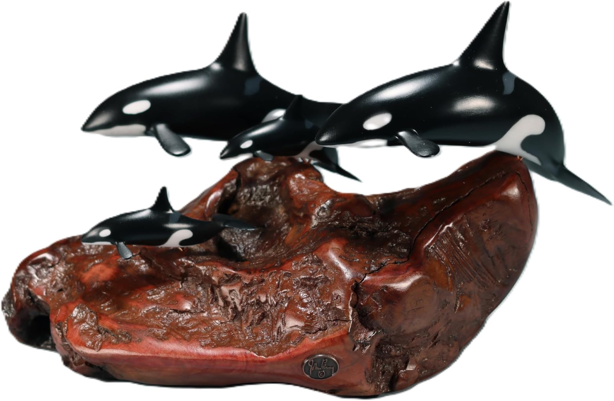 Orca Killer Whale Sculpture Super Family (2 Adults, 2 Calves) by John Perry on Polished Burl Wood. Signed.