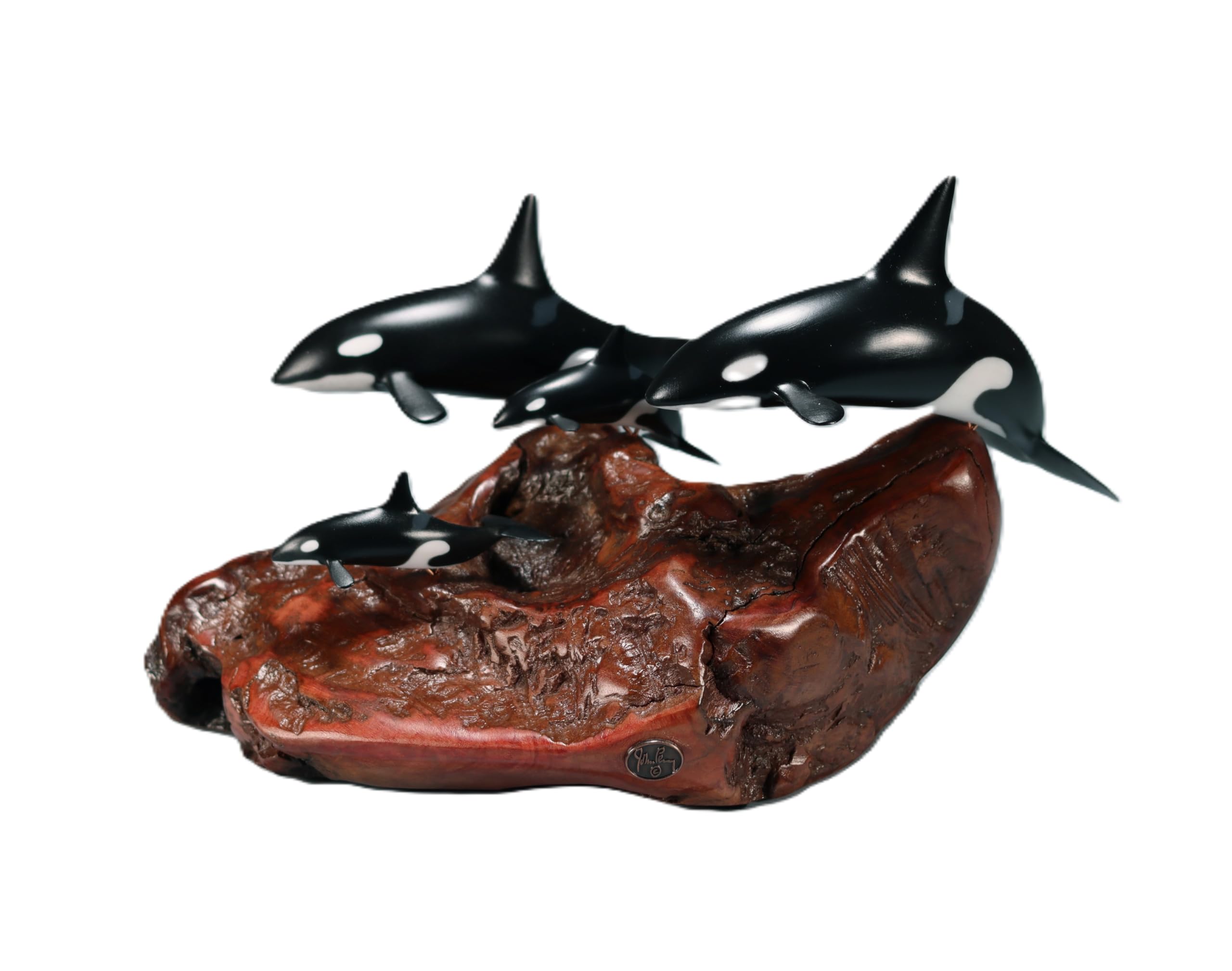 Orca Killer Whale Sculpture Super Family (2 Adults, 2 Calves) by John Perry on Polished Burl Wood. Signed.