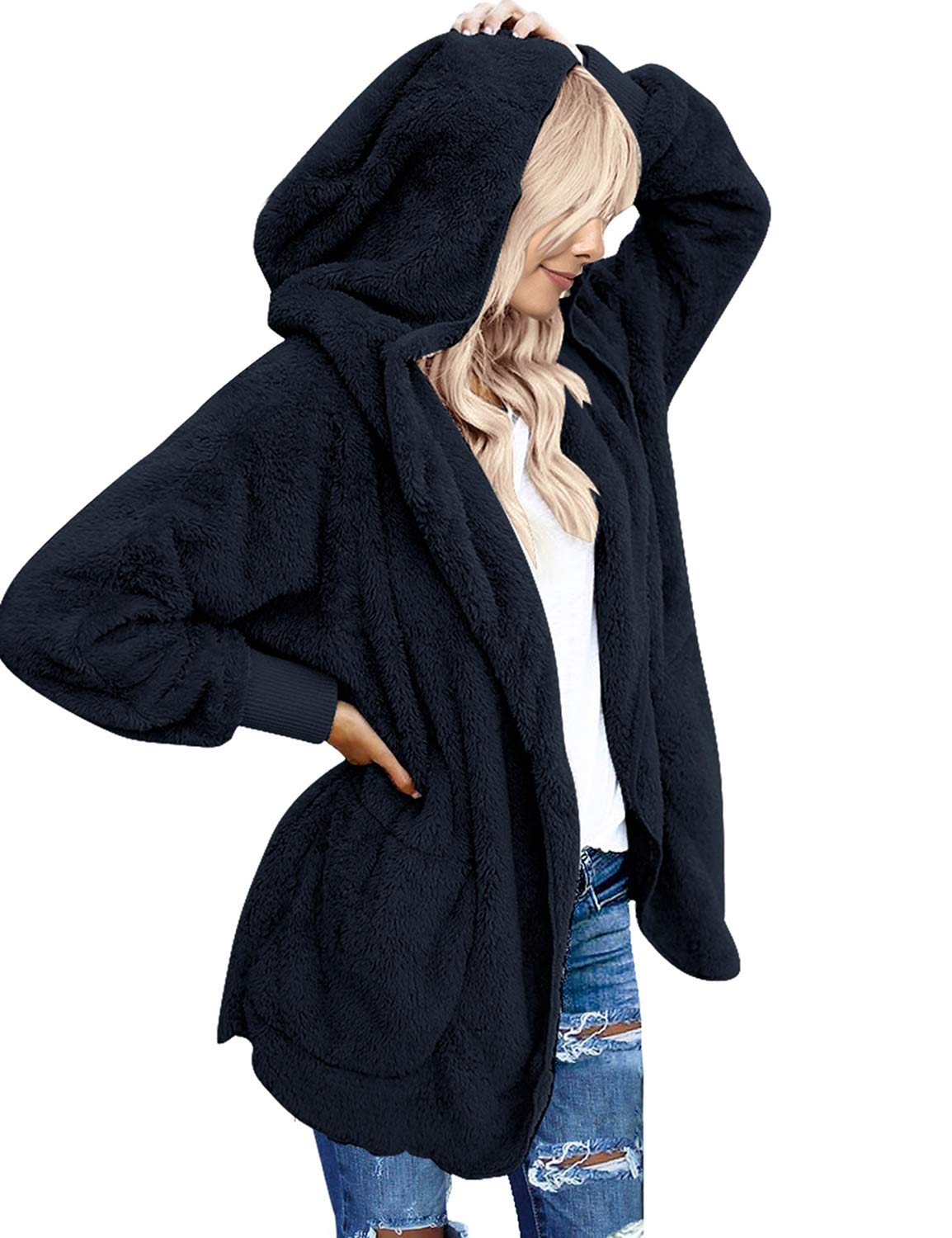 LookbookStoreWomen's Oversized Open Front Hooded Draped Pockets Cardigan Coat