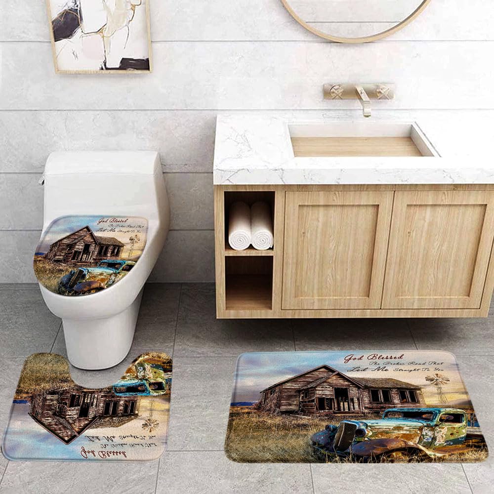 Vintage Farm Truck 3 Pcs Bath Rugs Set,Rustic Wooden Barn American Old Antique Car Farmhouse Windmill Western Country Bathroom Kitchen Rug with 16