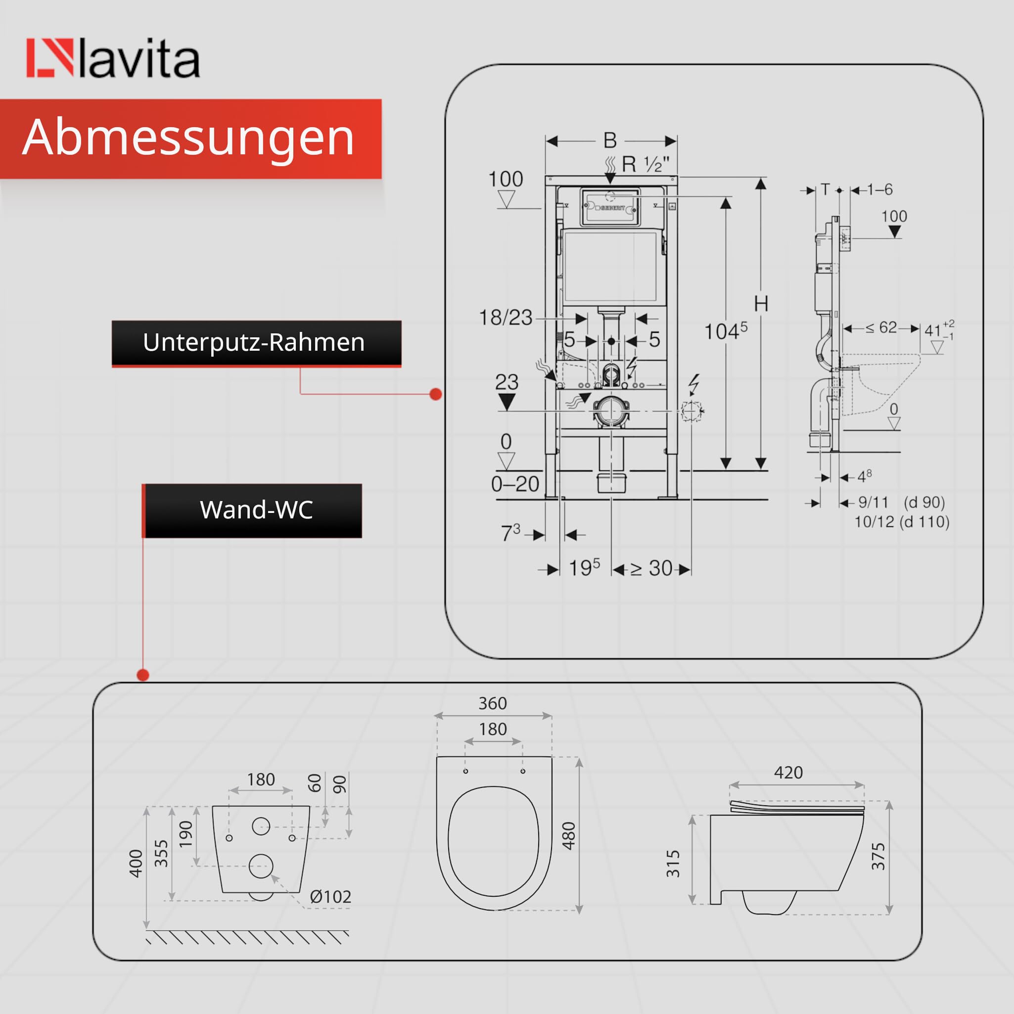 Lavita Duofix Basic Elemento de pared + Inodoro de descarga profunda Brava Negro Sin reborde + Asiento de inodoro con cierre automático + negro Juego completo Cisterna empotrada Inodoro WC