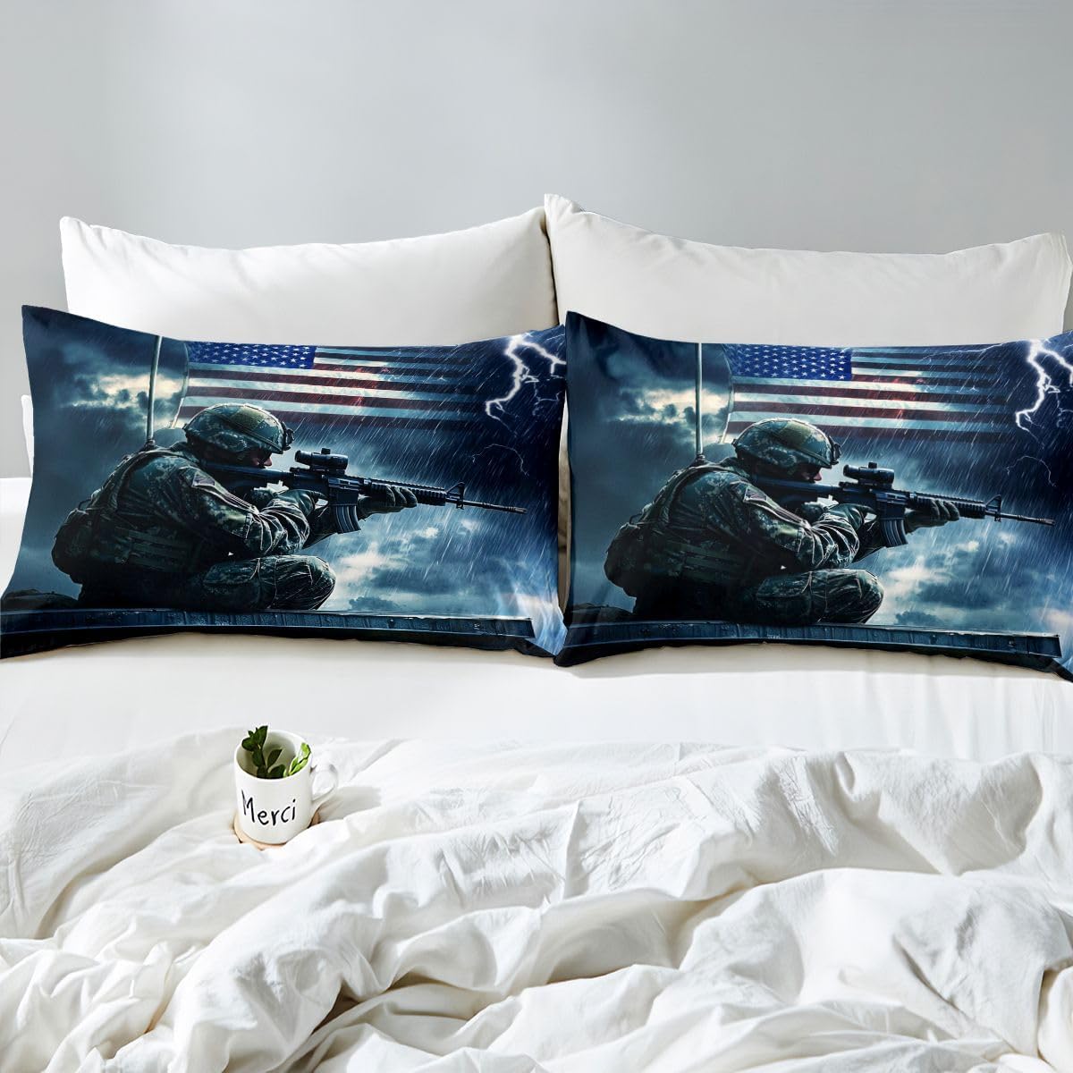 Erosebridal Camo Soldier Bedding Set Twin for Boys Teen Military Camouflage Vintage American Flag Comforter Cover Blue Lightning Retro USA National Flag Duvet Cover for Adult Kids Men Bedroom Decor