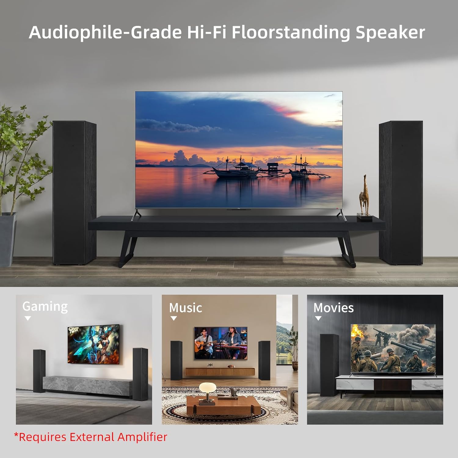 Passive Floorstanding Stereo Speakers, Tower Design with 1" Tweeter and 6.5" Woofer, Two-Way System, 4-Ohm Impedance, 120W RMS, Sturdy MDF Cabinet, Ideal for Home Theater Systems, Black