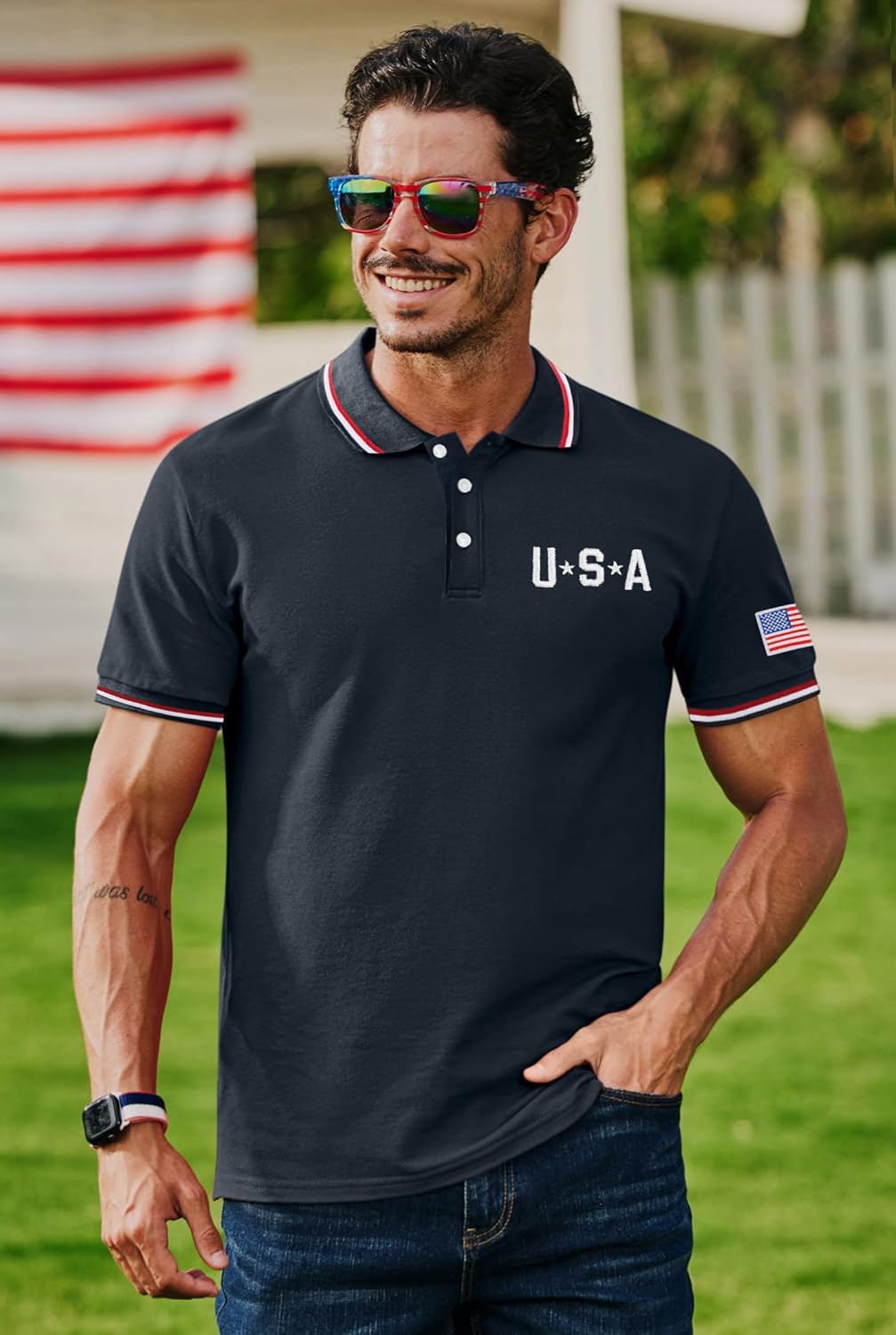 Arvilhill Men's American Flag Polo Shirts Patriotic Golf Polos 1776 Cotton Pique Tee Tops (S-3XL)
