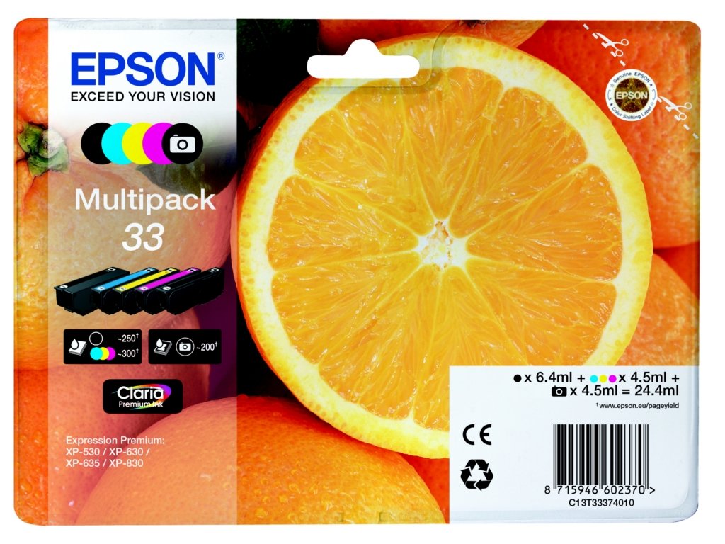 Epson Original T3337 Tinte, Orange, Claria Premium, Text- und Hochglanzfotodruck (Multipack 5-farbig) (CYMK + Photo-schwarz)