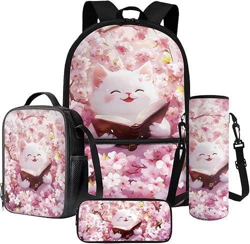 Cat Book Cherry Blossom Print 4 Piece Backpack Set for Child, Multifunctional Laptop Backpack Lightweight School Supplies Rucksack Outdoor Daypack