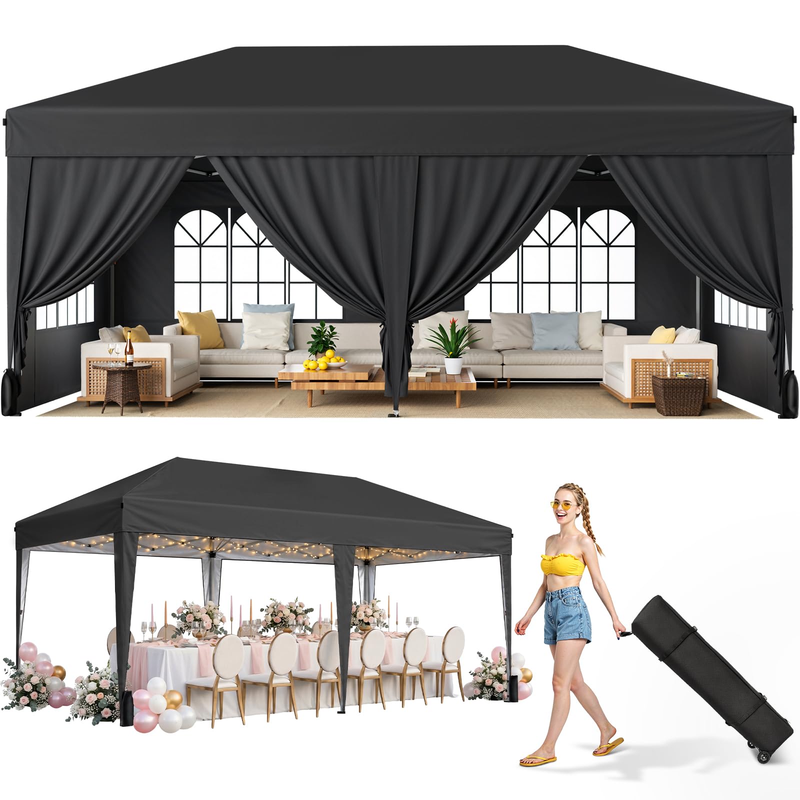 10x20 FT Pop Up Canopy Tent with 6 Sidewalls, Black