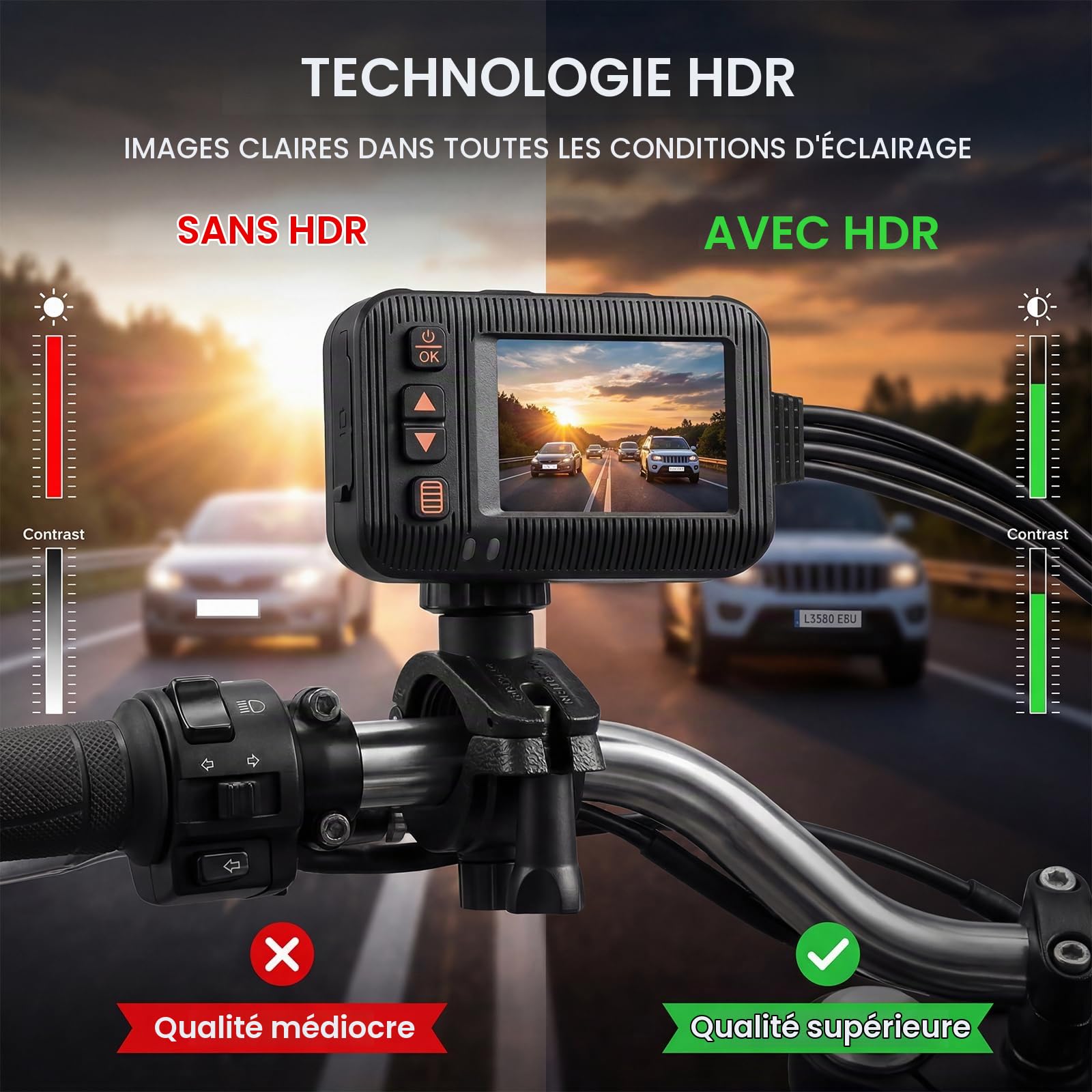 CAMECHO Dashcam Caméra Embarquée pour Moto Écran 2 Pouces, Double Objectif 1080P à l'avant 120° et 720P à l'arrière 90°, étanche IP67, Caméra pour Moto avec HDR, Capteur G, Enregistrement en Boucle
