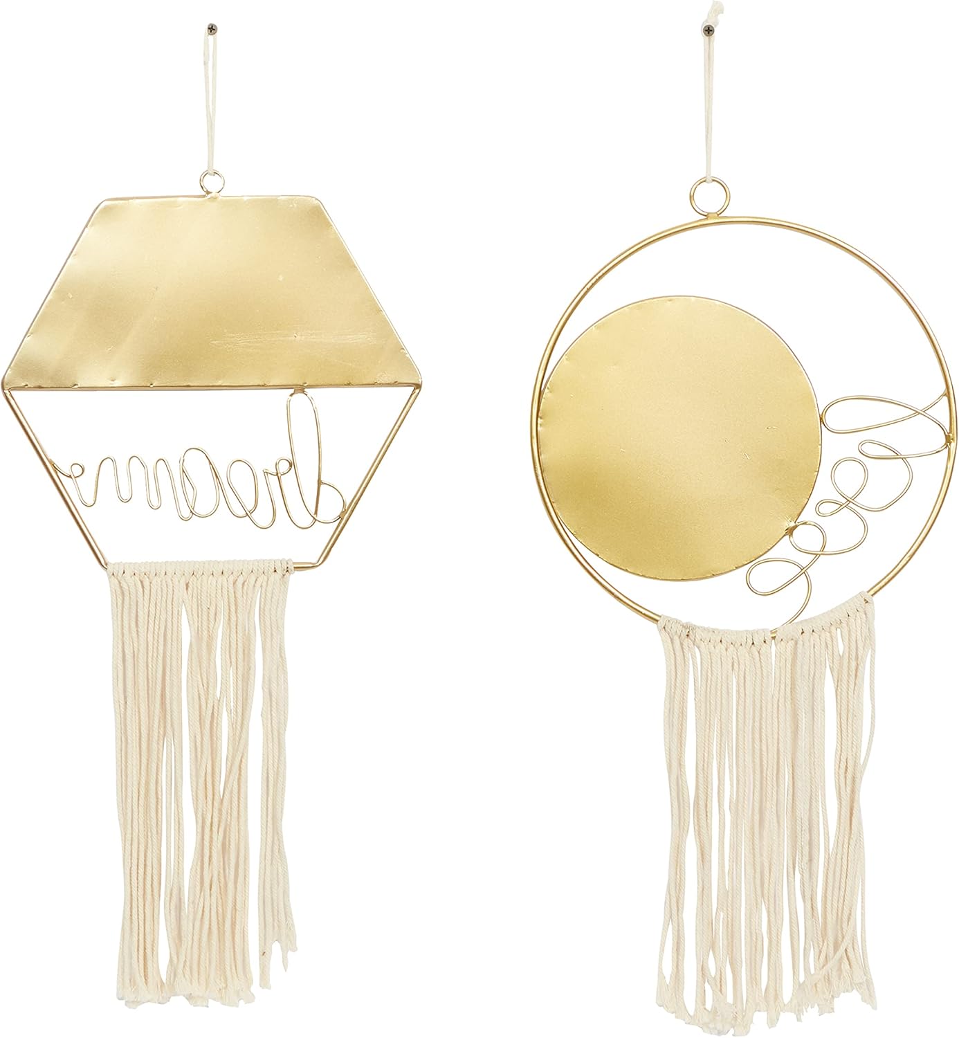 Gold Geometric Wall Mirrors with Fringe Tassels, Set of 2