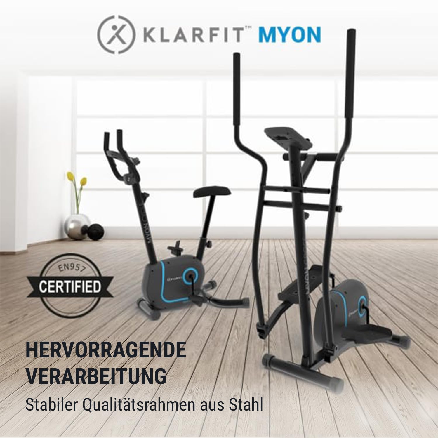 Klarfit Myon Cross – Ellipsentrainer für zu Hause, klappbar, zertifizierter Rahmen, Schwungrad 12 kg, magnetisches Bremsen, Tablet-Halterung, Riemenantrieb, Impulssensor
