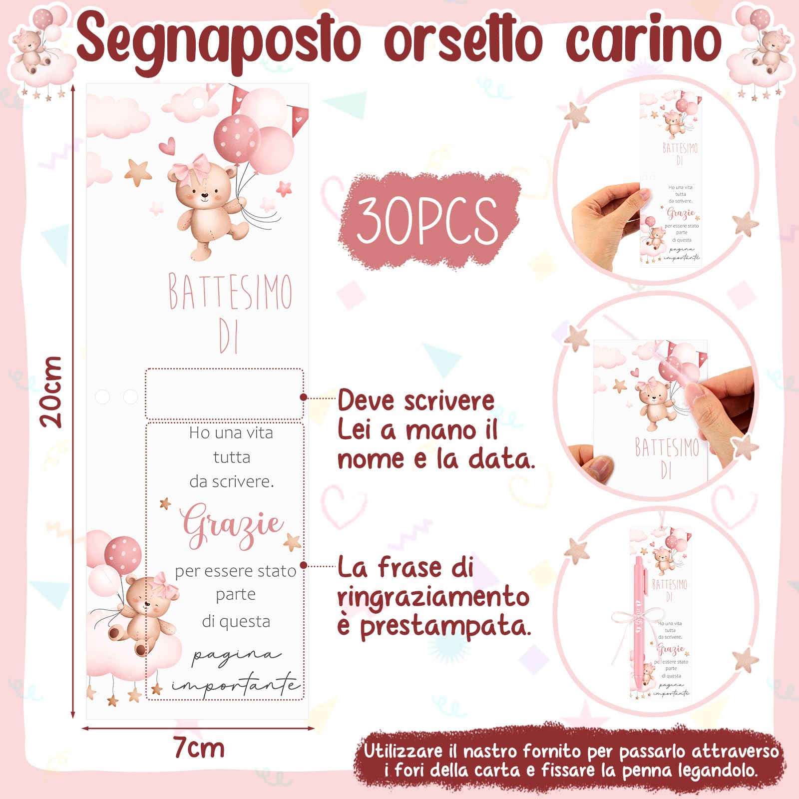 Tenare 30 Pezzi Segnaposto Battesimo Bimba Orsetto Segnalibri con Grazie Penna e Nastro Bomboniera Battesimo Bambina Regalo di Ringraziamento per gli Ospiti per Baby Shower Decoración da Tavola(Rosa)