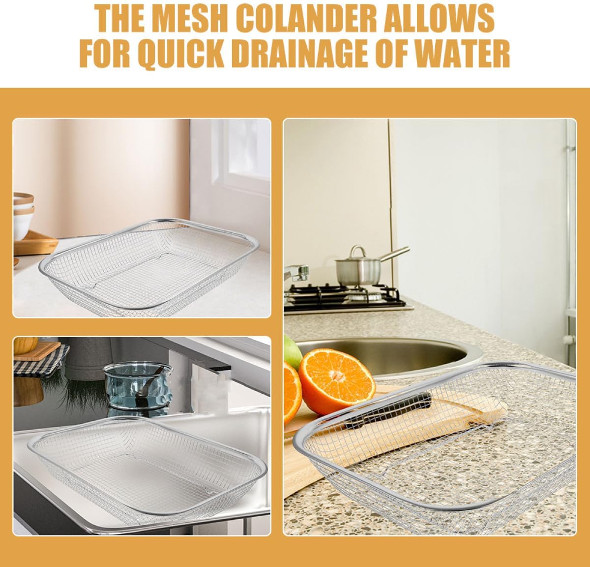 2pcs Small Stainless Steel Mesh Drain Basket Strainer for Vegetables and Fruits, Rectangle Kitchen over Sink Colander, Sturdy Metal Wire Food Drainer for Home Cooking