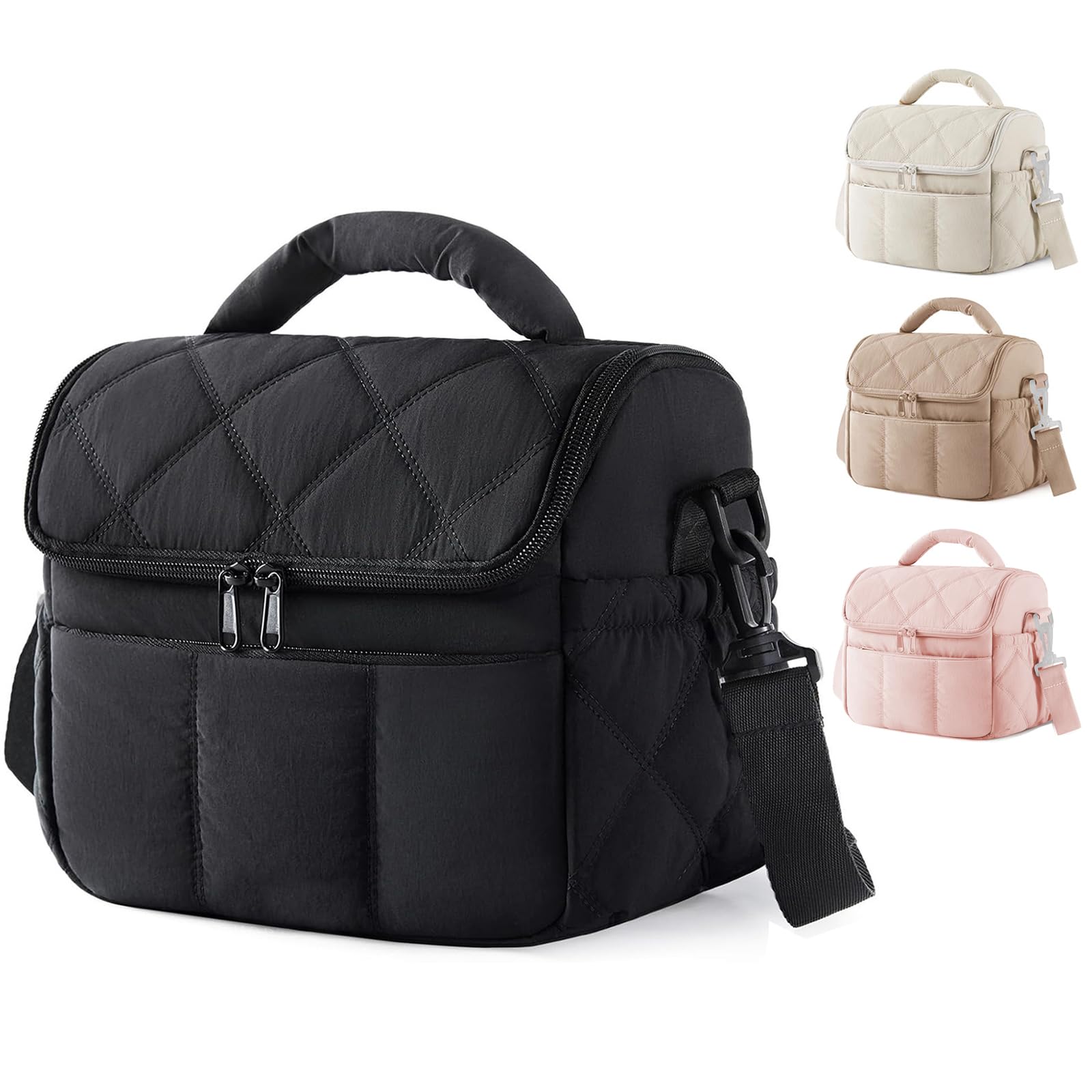 HUAXITRA Womens Puffy Quilted Insulated Lunch Bag, 5.8L Leakproof Waterproof Thermal Cooler Tote with Adjustable Shoulder Strap for Work Office School Picnic Travel (Black)