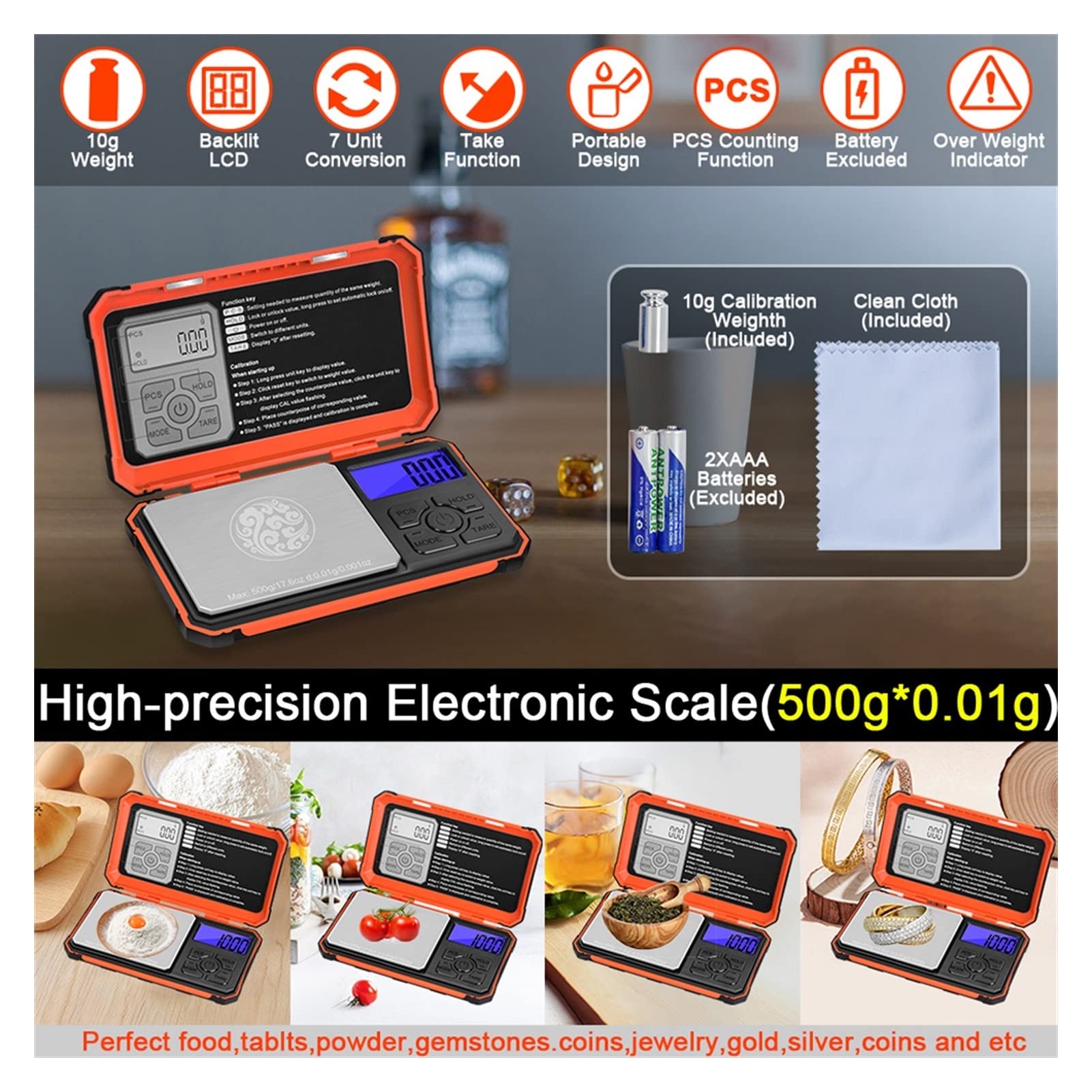 MRKU Báscula de Cocina, Herramienta de medición de balanza Profesional, minibáscula electrónica de precisión de 500 g, báscula portátil para Joyas de Oro de 0,01 g, Accesorios de Cocina