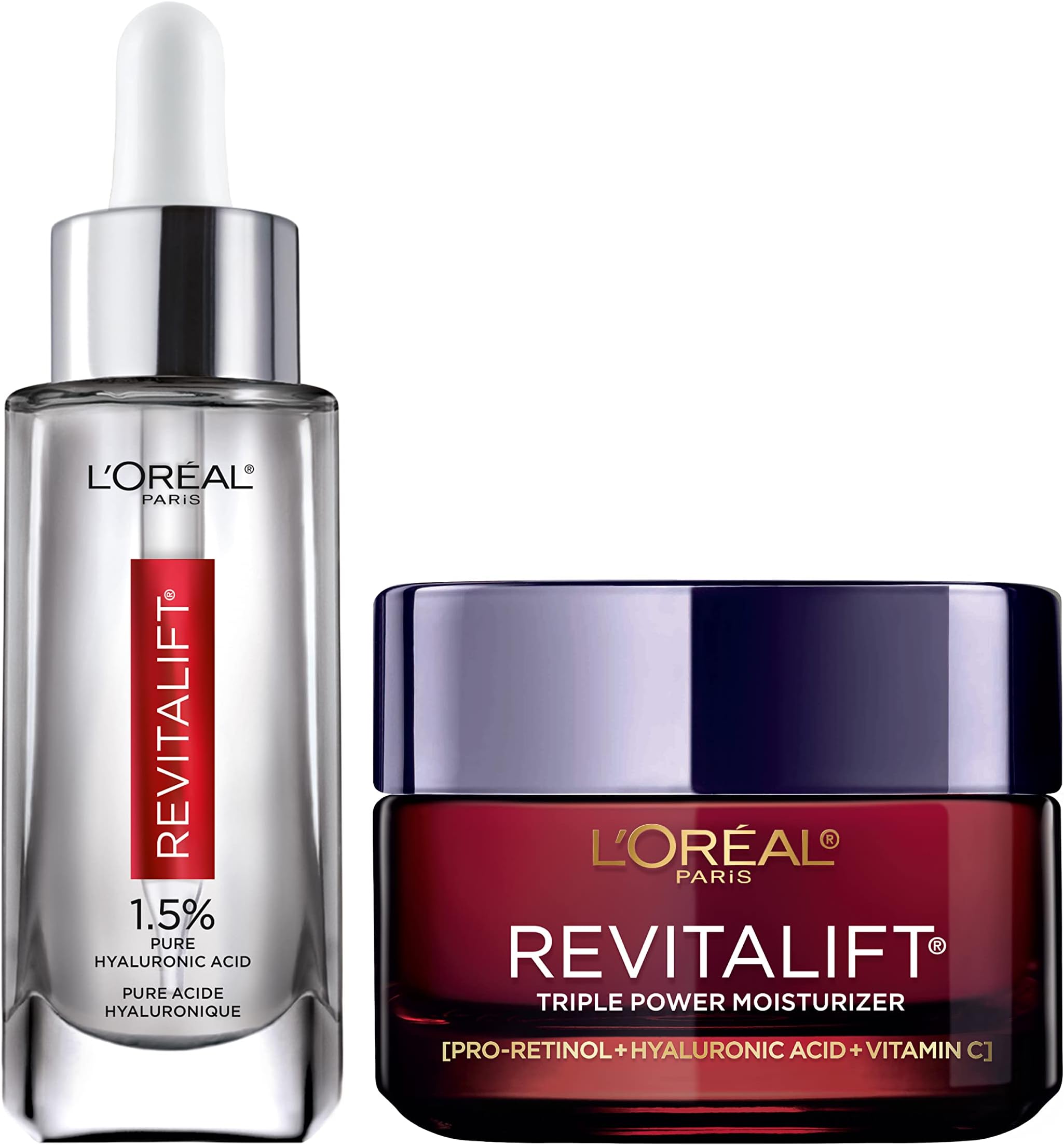 L'Oreal Paris Revitalift 1.5% Pure Hyaluronic Acid Face Serum + Triple Power Anti-Aging Face Moisturizer, 1 kit