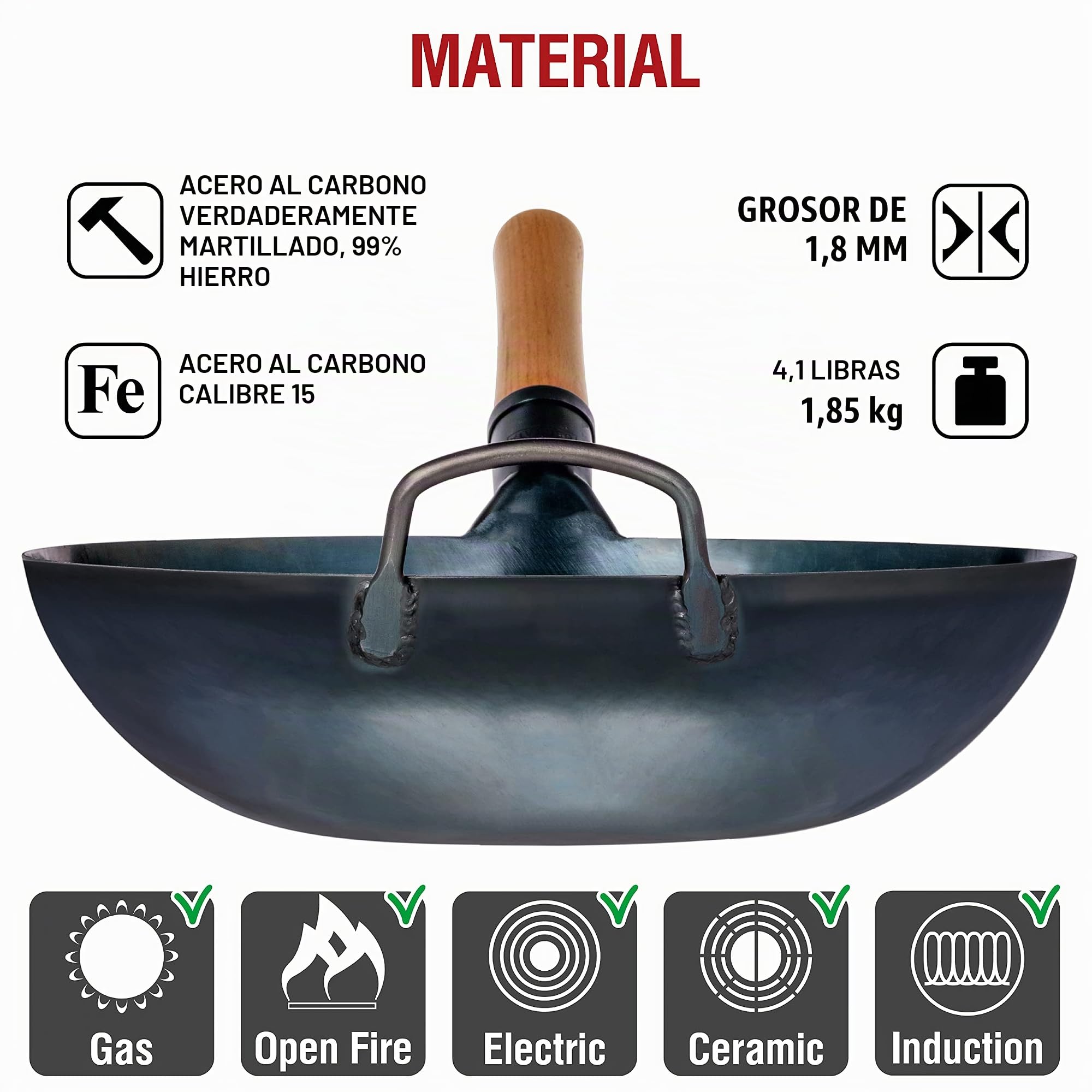 YOSUKATA Sartén Wok de Acero al Carbono 34 cm + Tapa Para Sartén Wok de Madera Natural de 34 cm