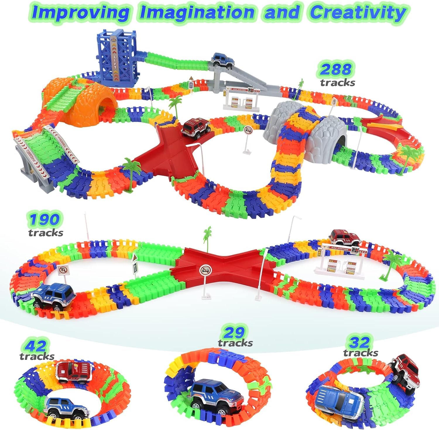 TONZE Juguetes Niños 3 Años Flexible Pista Coches 288 Piezas Juguetes Circuito Coches Pistas Flexibles con 2 Autos Juego Electricos para Infantil Regalo Niños Niñas 3 4 5 6 Años