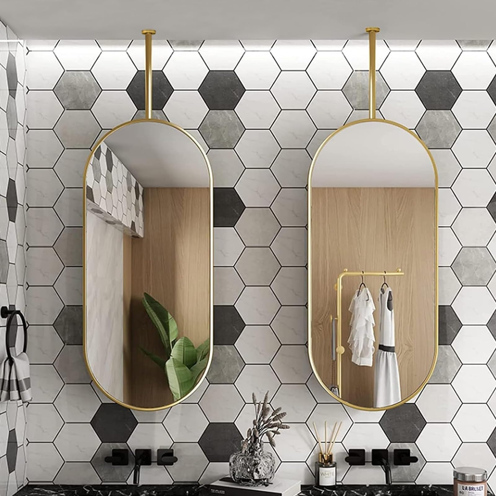 BKSXSOP Gold Oval Mirror/with Metal Framed and Ceiling Rod Bathroom Mirror, Vertical Ceiling/Hanging/Floating Mount Wall Mirror - Customizable (Size : 40cmx60cm)