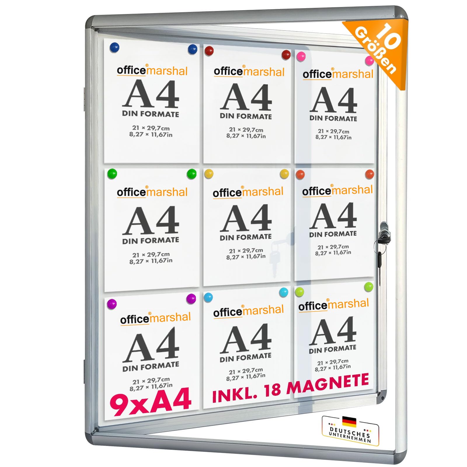 OfficeMarshal Display Case 9 x A4 Including 18 Magnets Information Box Notice Box Magnetic & Writeable Back Panel Poster Display Case with Aluminium Frame