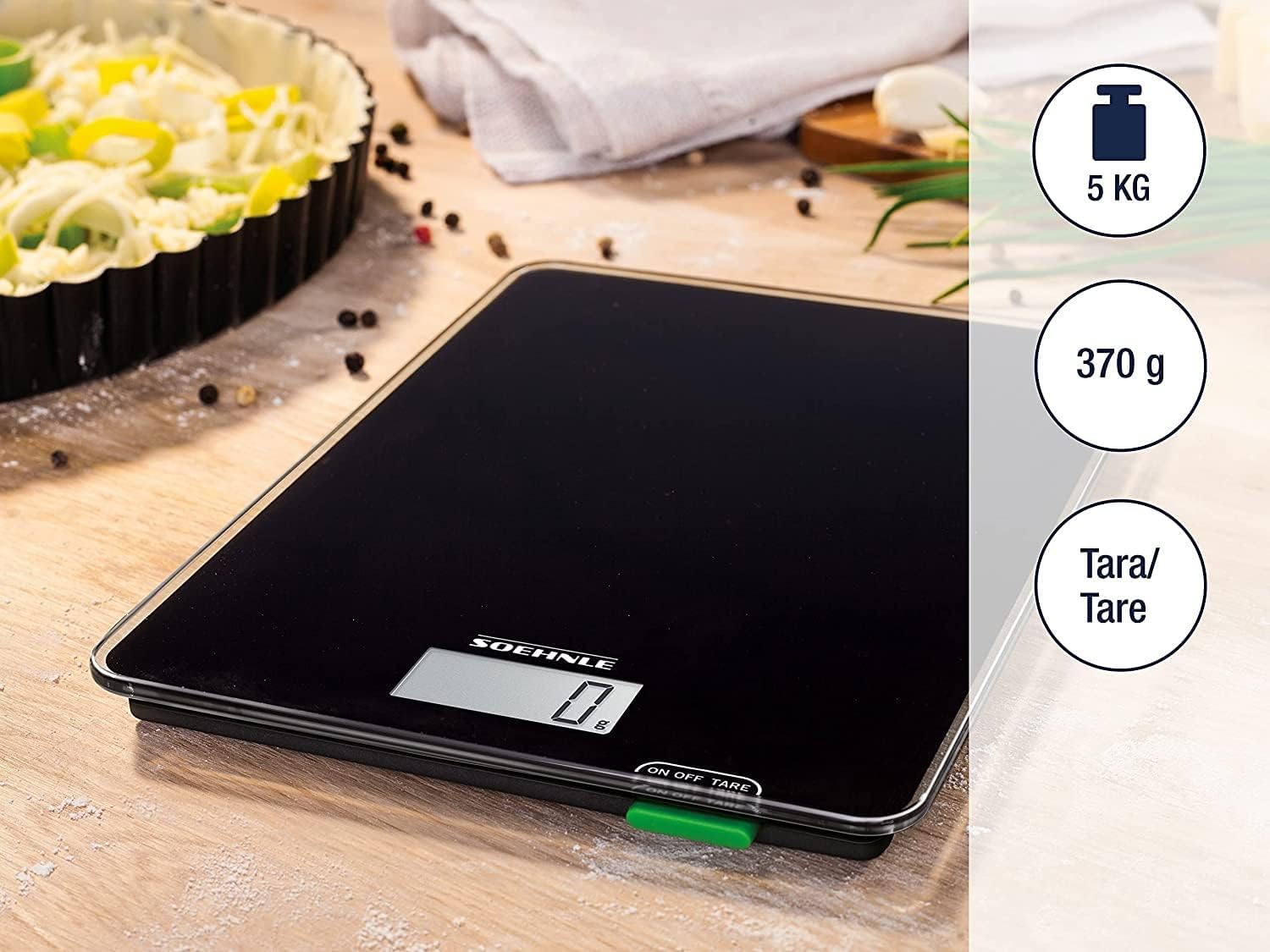 Soehnle kitchen scale weighing ingredients with key features highlighted